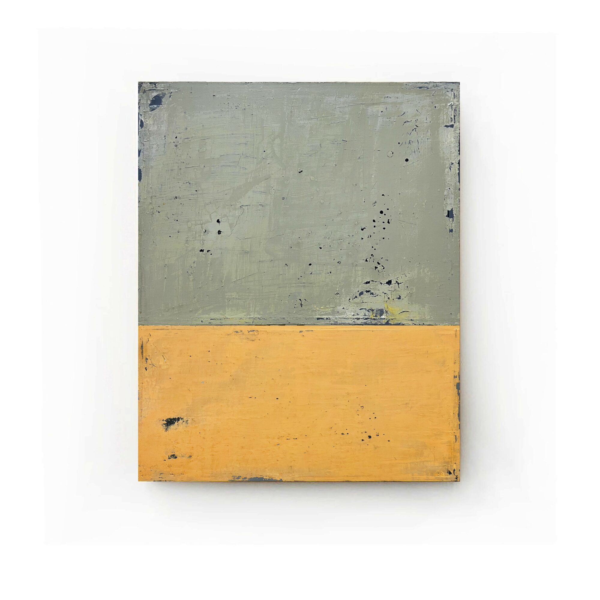 A rectangular abstract painting with a gray upper section and a yellow lower section, textured surface, on a white background.