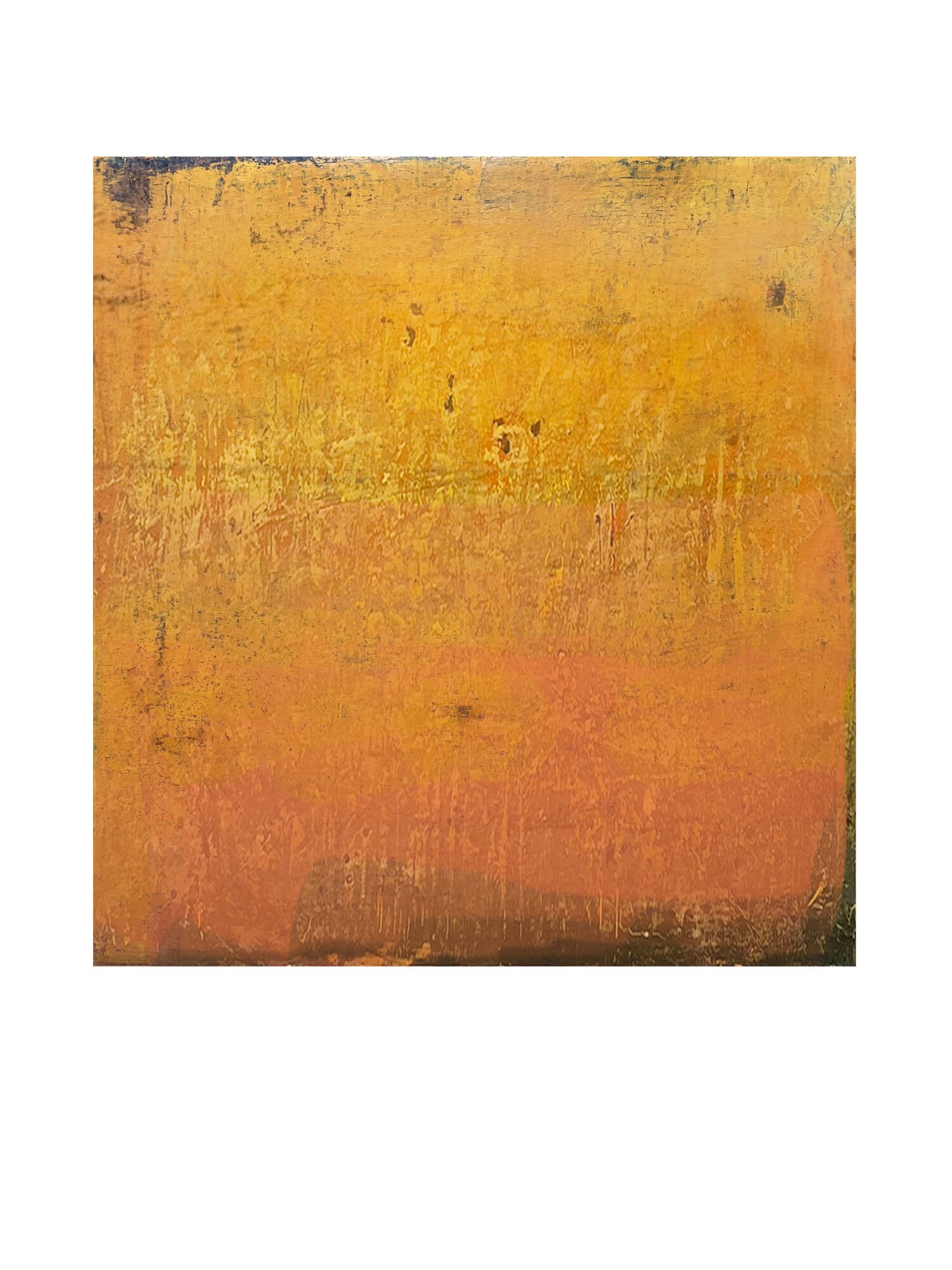 Abstract painting with yellow, orange, and pink horizontal bands, textured surface, and darker edges.