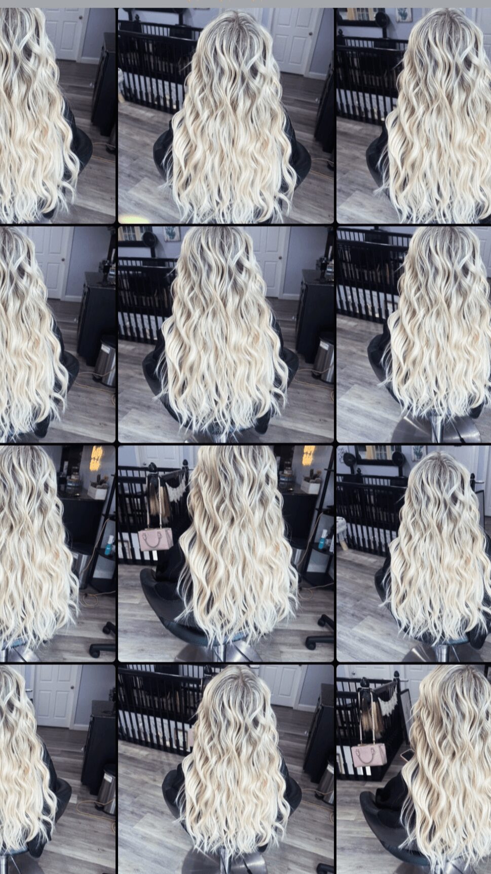Multiple images of a person with long, wavy, blonde hair sitting on a bench outdoors, facing away from the camera.