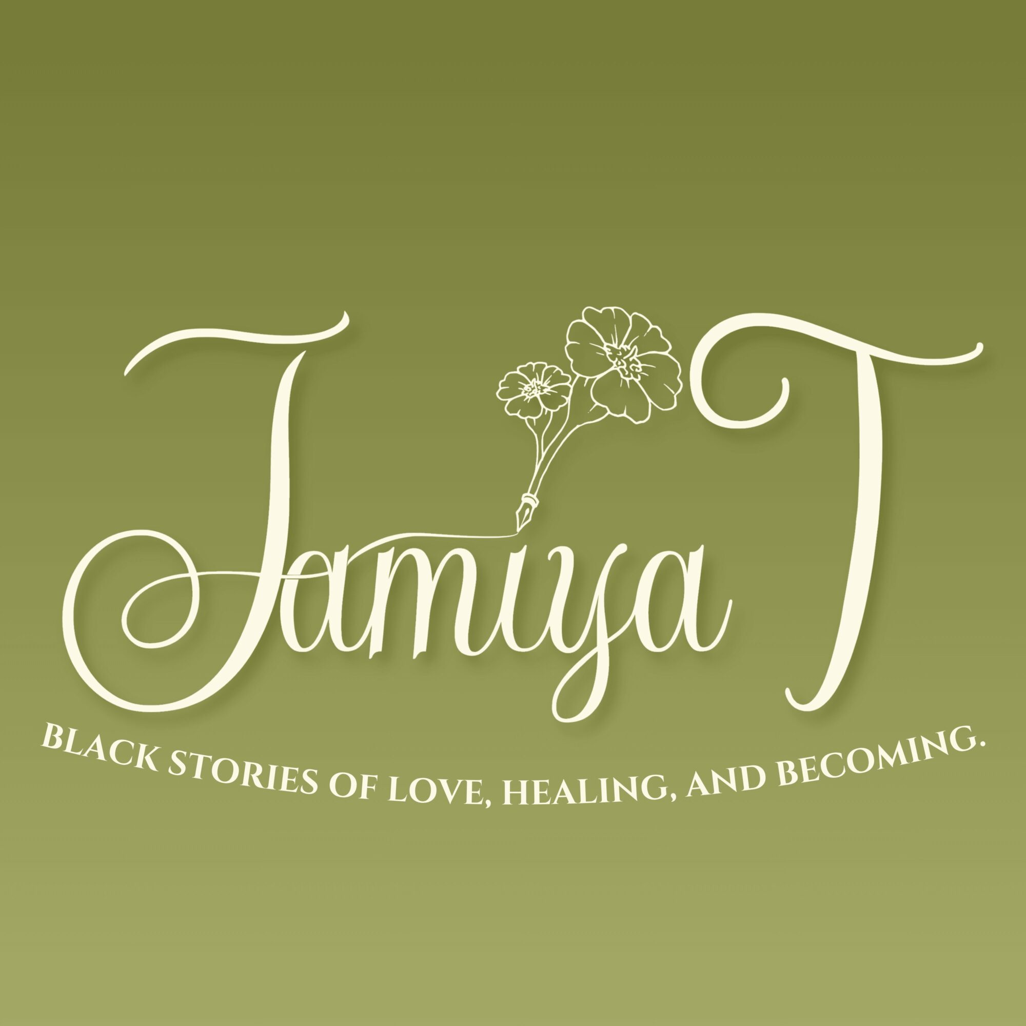 The word 'Tamiya' in elegant script with a flower illustration above, on a green background. Tagline: 'Black stories of love, healing, and becoming.'