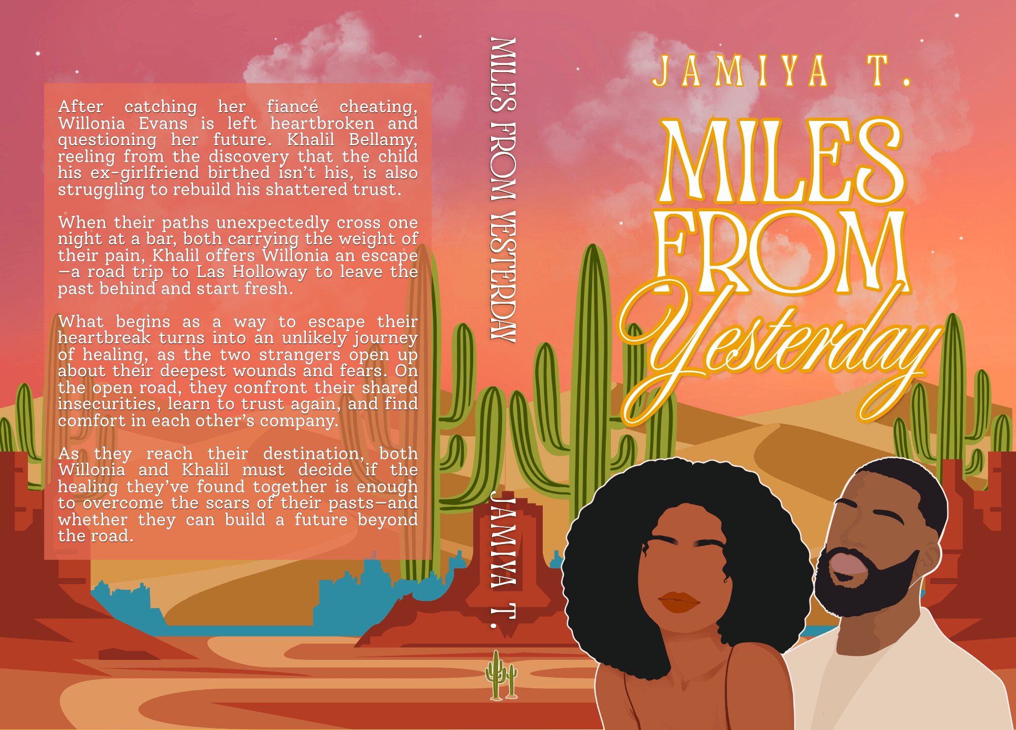 Book cover with desert landscape, cactus, a large rock formation, and two people in the foreground, one with curly hair and the other with a beard, against a pink sky.