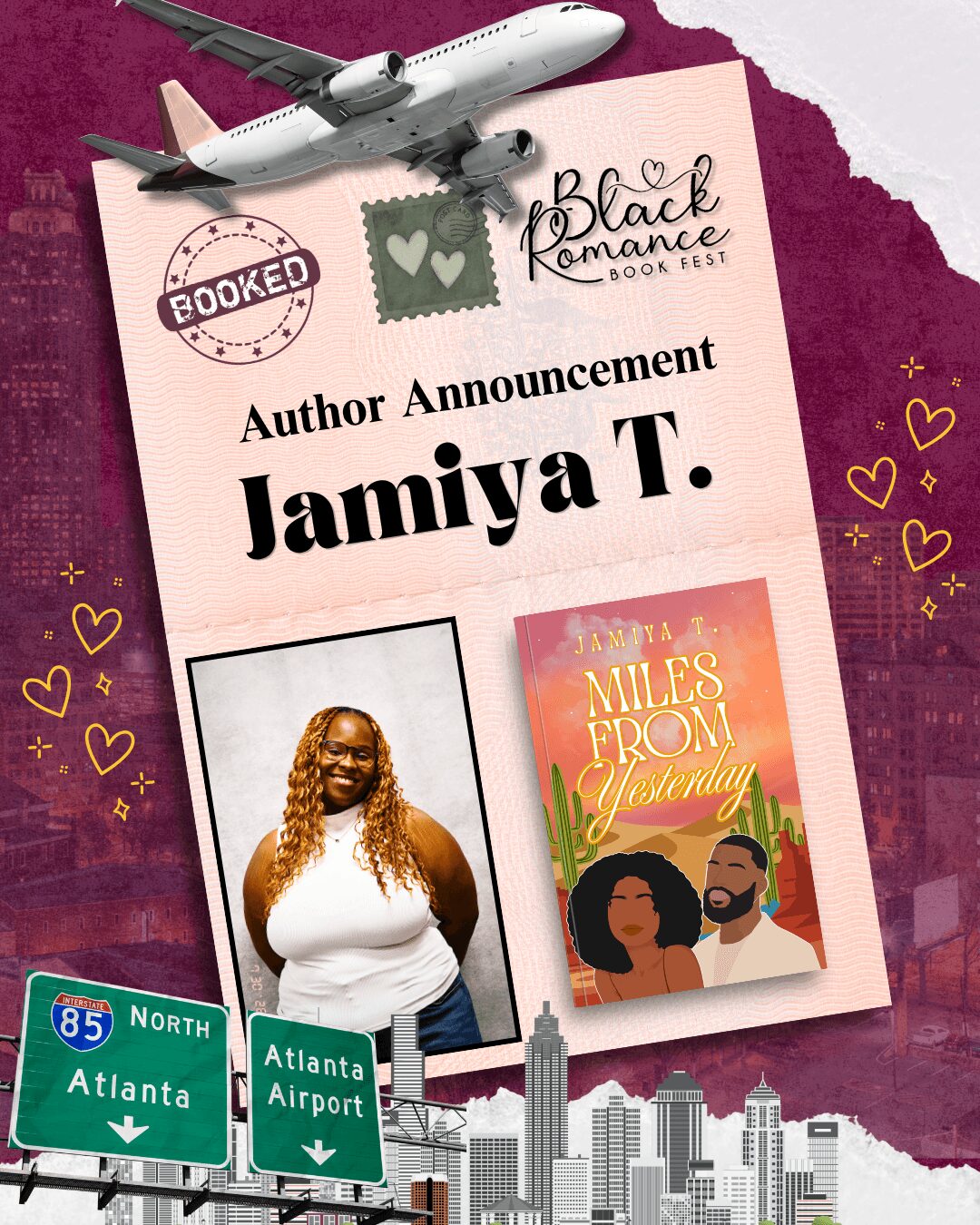 Announcement page with airplane, book, and travel signs, featuring author Jamiya T. and book cover, on a purple background.
