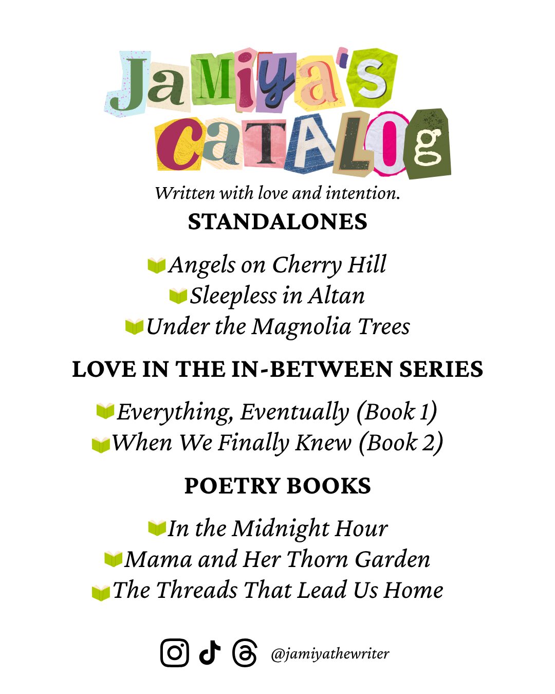 Book cover titled 'Jamiya's Catalog' with colorful cut-out letters, listing standalone books, series, and poetry books, with social media icons.