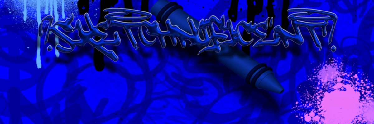 Blue background with graffiti-style text and spray paint splatter, featuring a black marker and pink paint splatter.