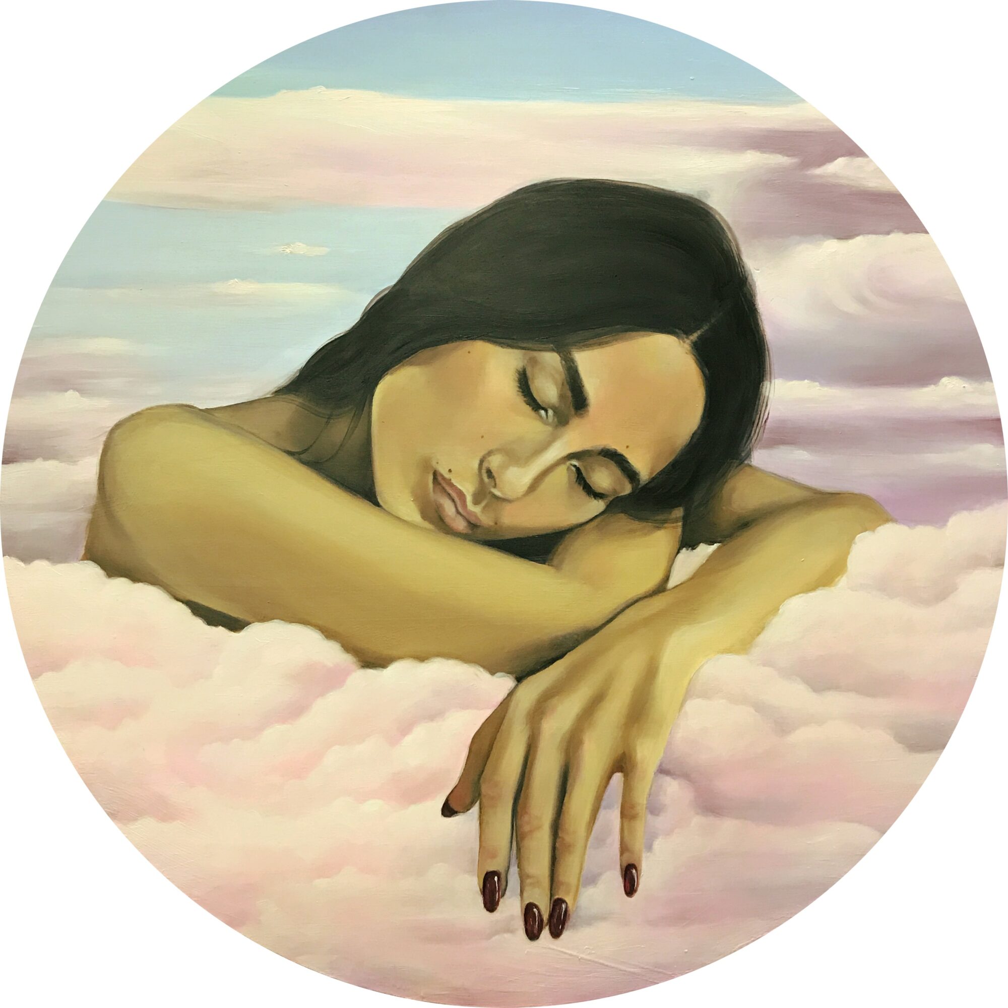 A woman with dark hair resting her head on her arm among pink clouds with a pastel sky background.