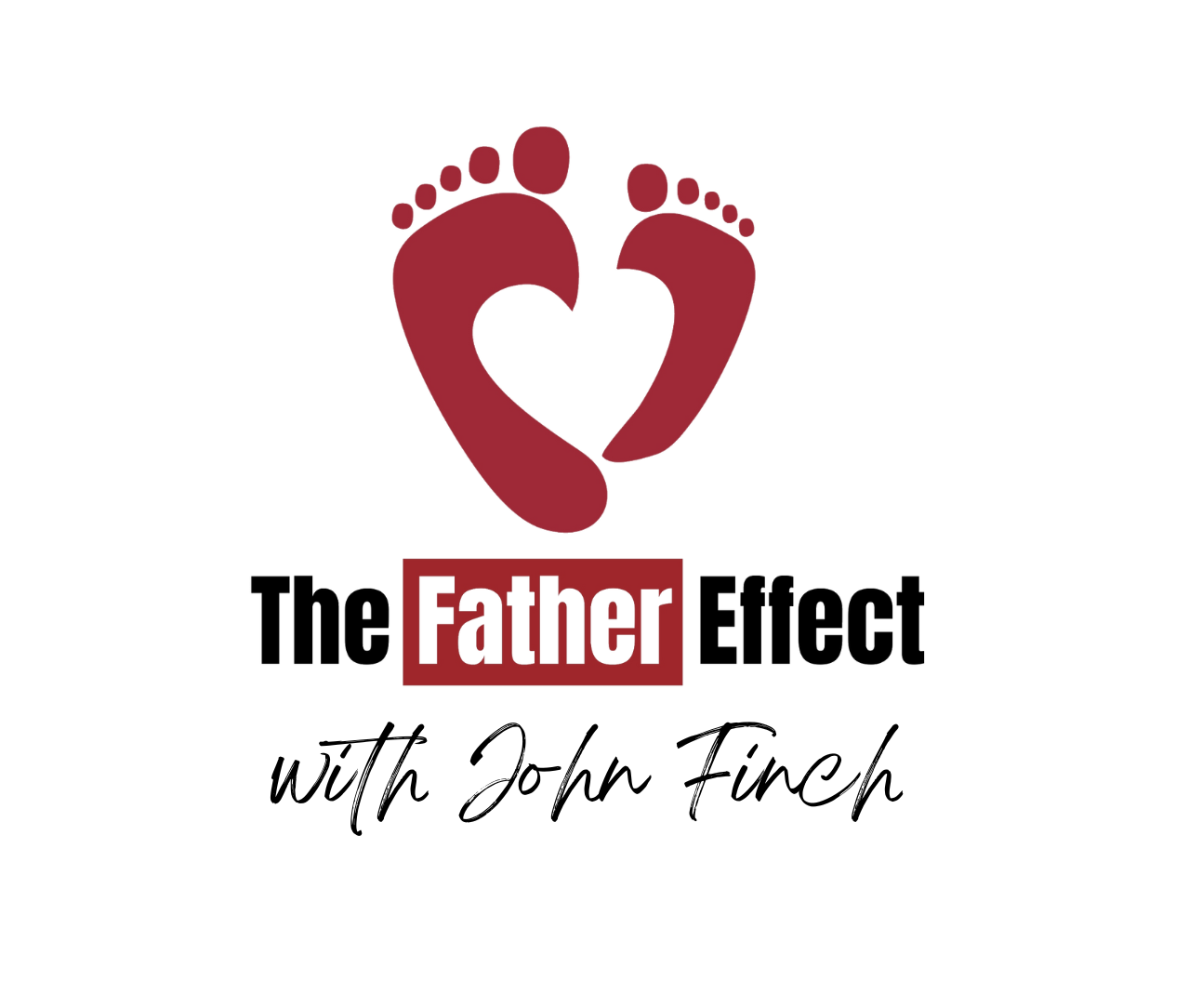Two maroon footprints form a heart shape with the word 'Father' in a red box below, on a black background.