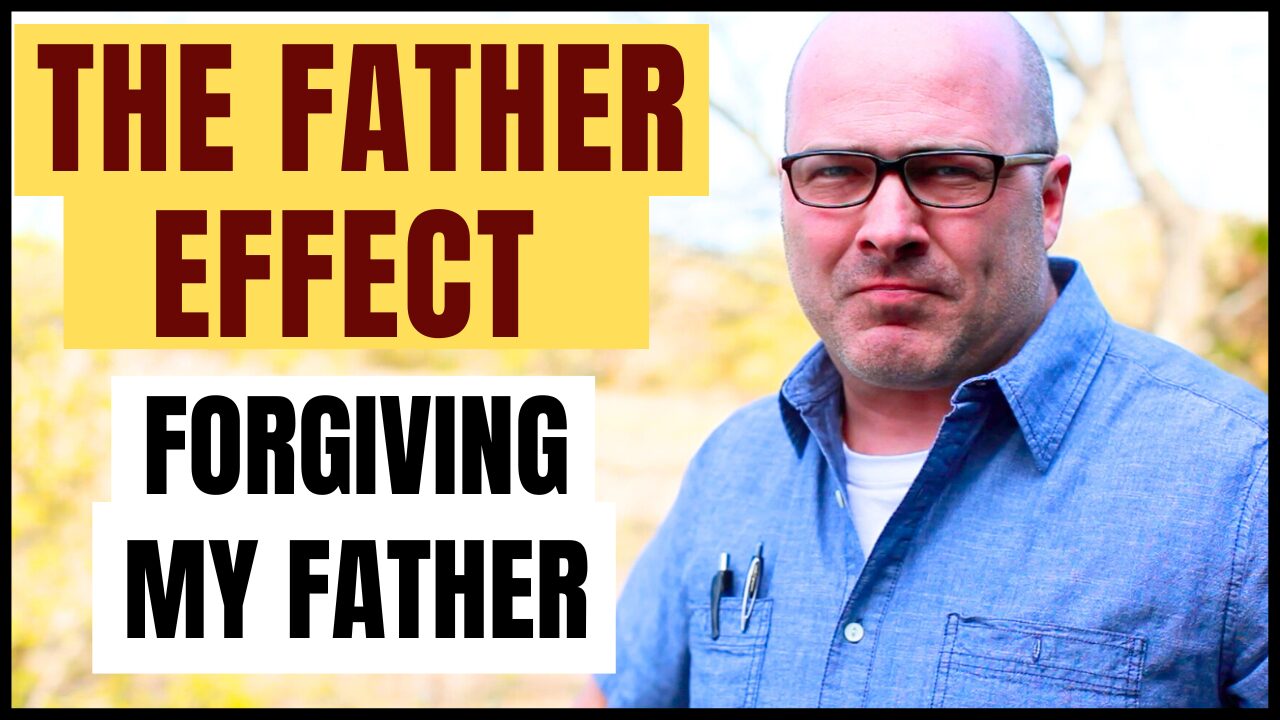 A man with glasses and a blue shirt outdoors, with text about forgiving a father, in yellow and black. Word count: 20