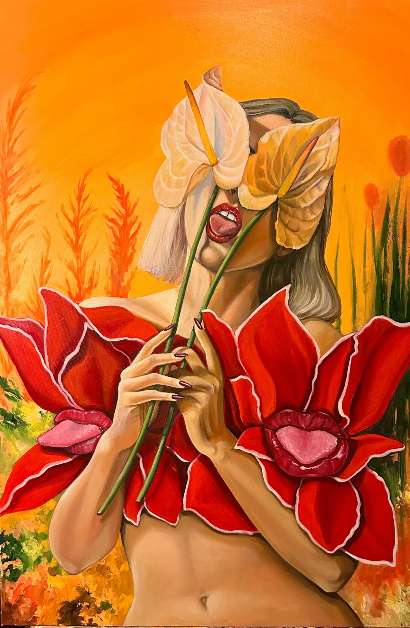 Person with large red flower costume holding a white flower, with a sunset background and tall grass.