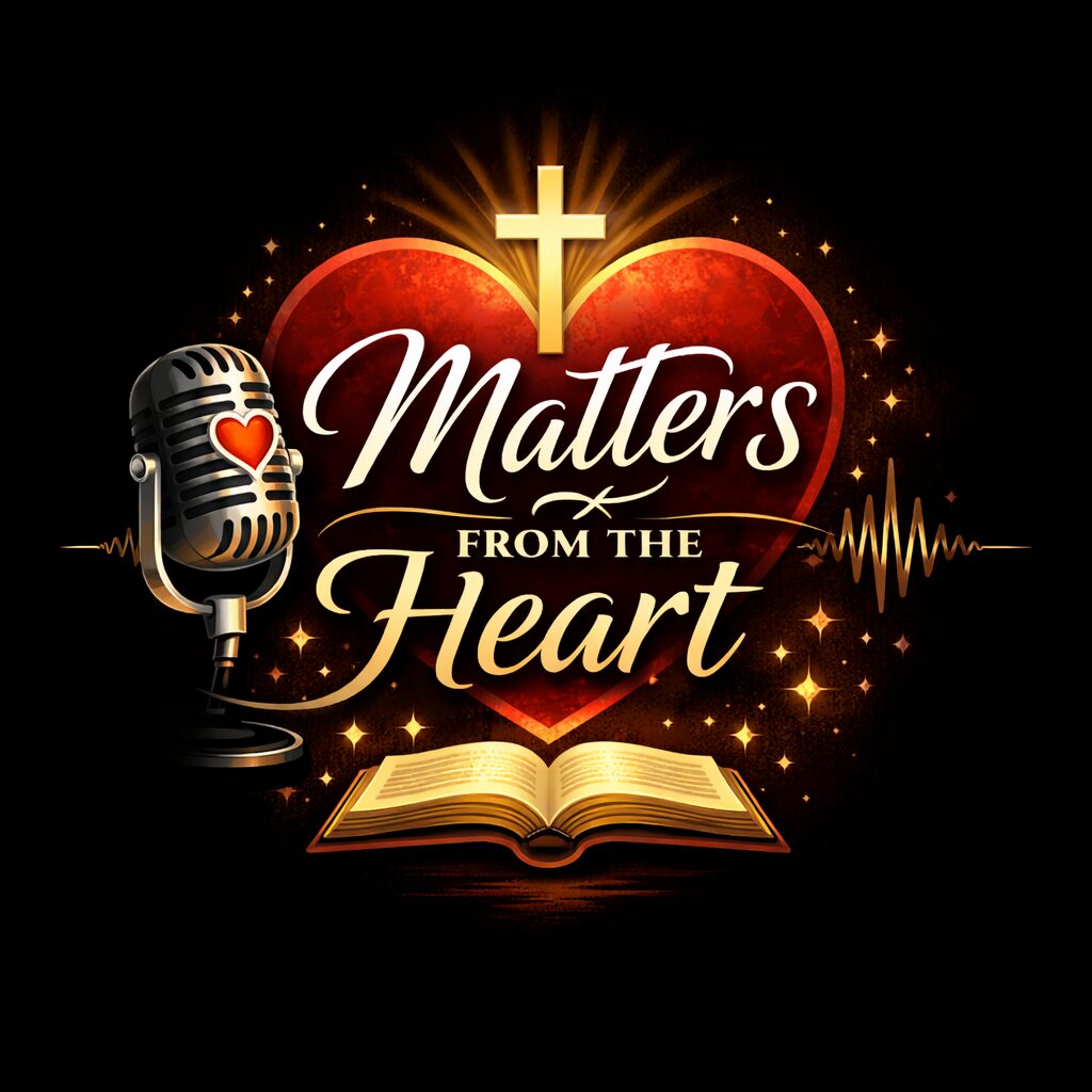 Heart with a cross, microphone, and open book, with text 'Matters from the Heart'.
