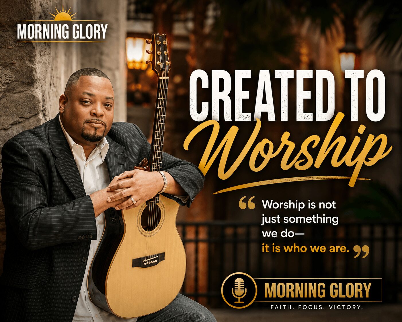Man in suit holding guitar, background with warm lighting, text about worship and faith, logo at bottom.