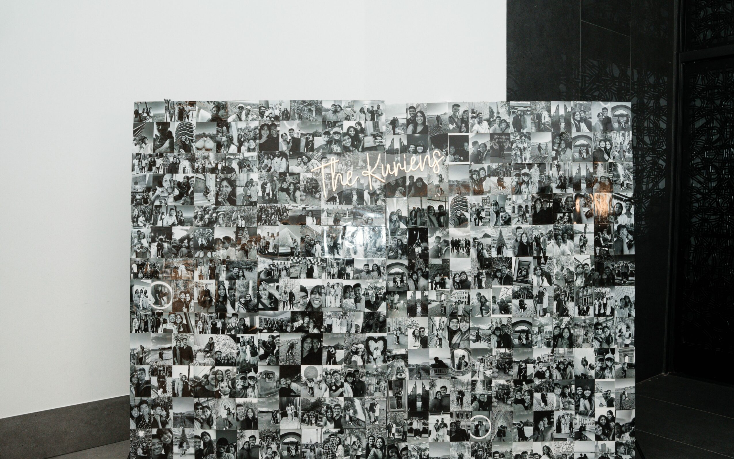 A collage of black-and-white photographs arranged in a grid pattern, with a handwritten message in the center.
