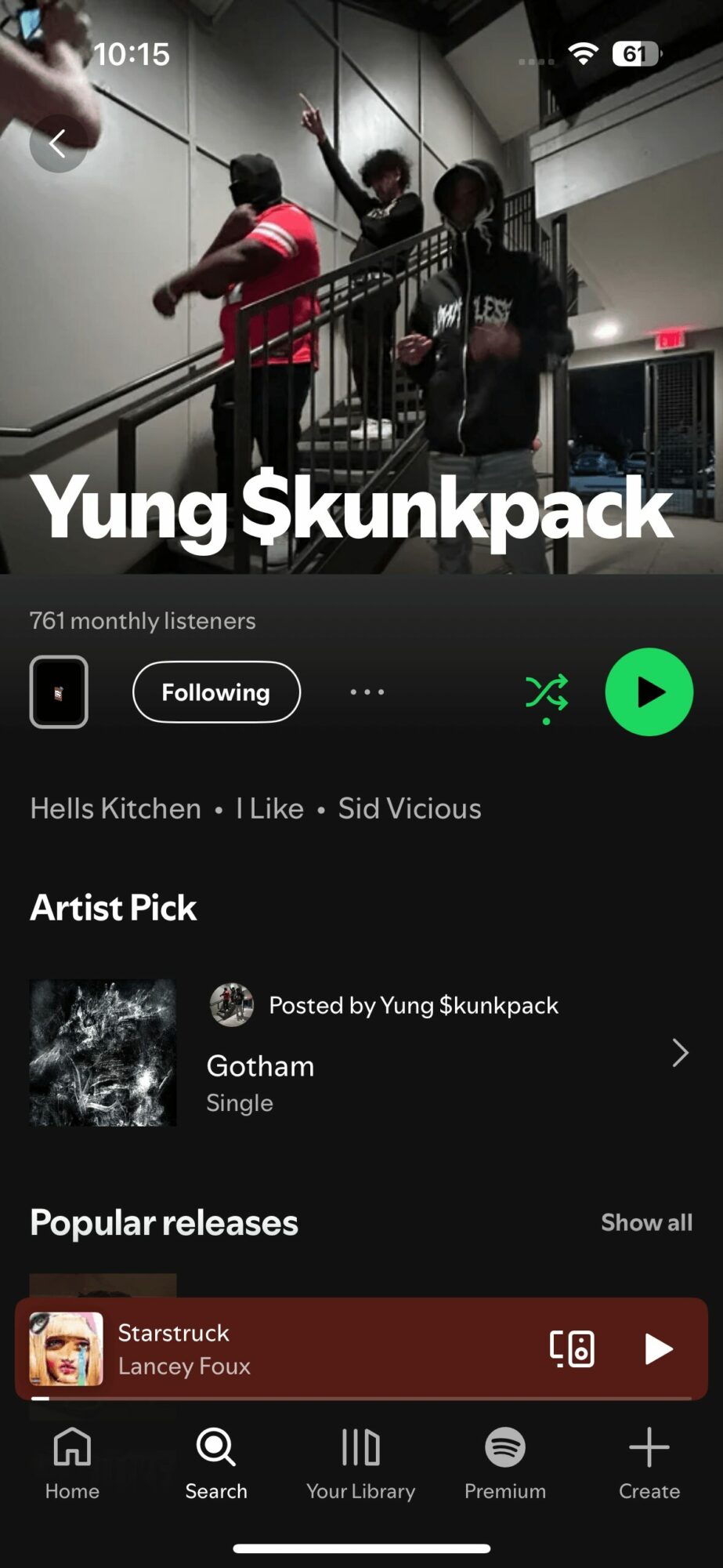 Music streaming app screen showing artist Yung Skunkpack, with album Gotham and popular release Starstruck, 20 words