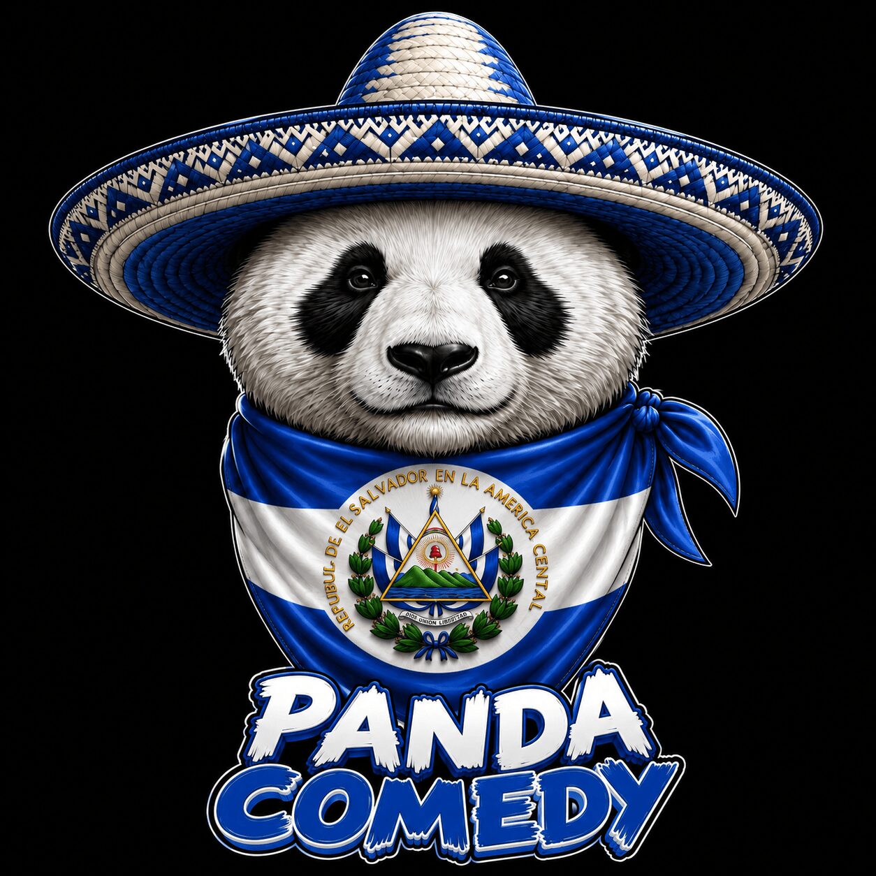 Panda wearing a sombrero and a blue bandana with El Salvador's flag, with text 'Panda Comedy'.