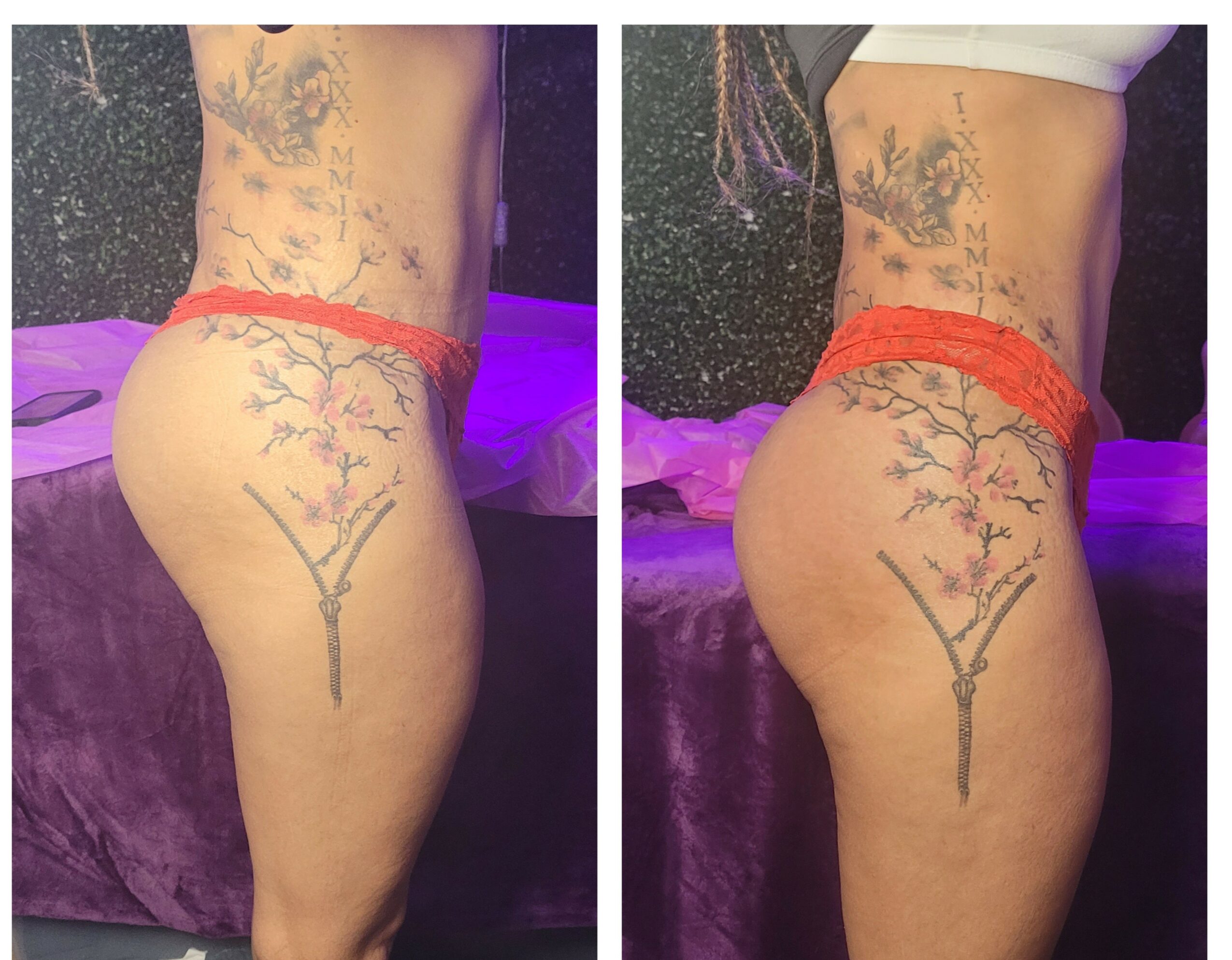 Side view of a person's lower back and buttocks with a tree tattoo, wearing red underwear, in a dimly lit room.