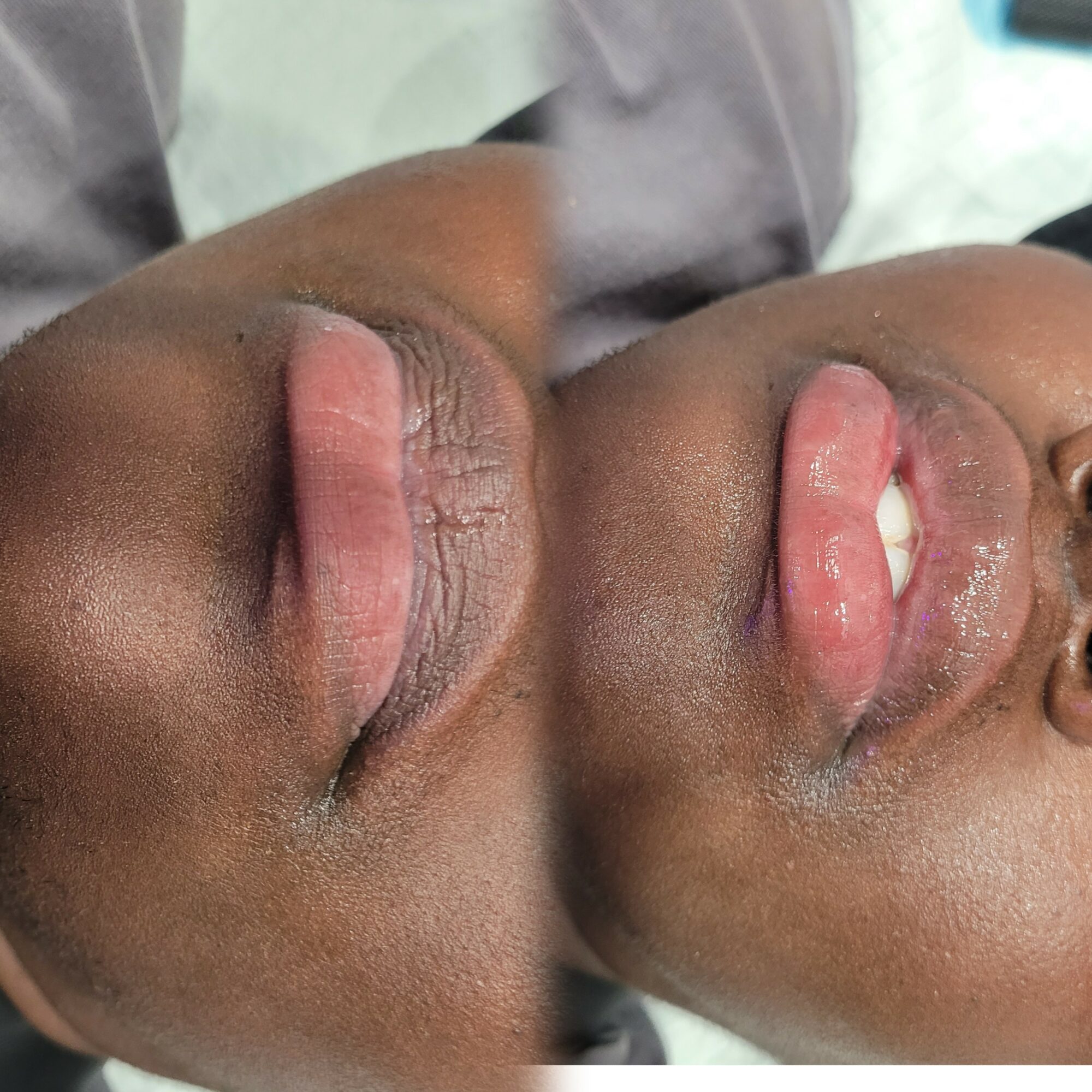 Close-up of a person's face with eyes closed and lips slightly parted, showing skin texture and facial features.