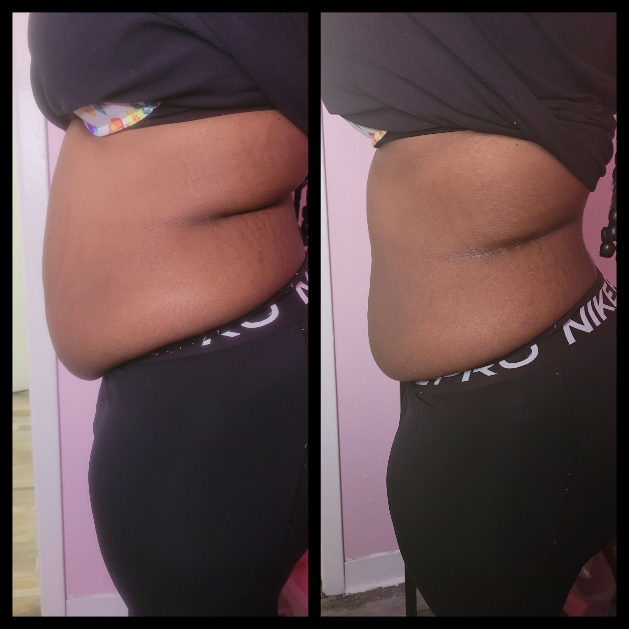 Side view of a person's torso and waist, before and after weight loss, with a pink wall background.