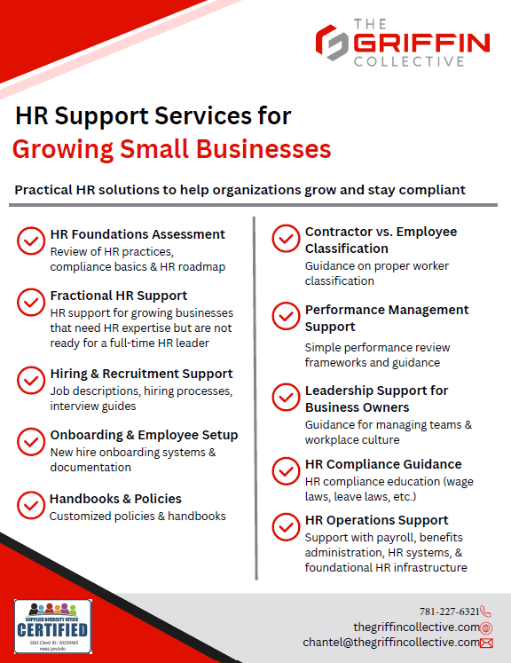 HR support services for small businesses, including assessments, classification, performance management, leadership, policies, and support, with contact info.