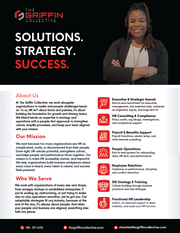 Woman smiling with arms crossed, black background with text about solutions, strategy, success, and company information.