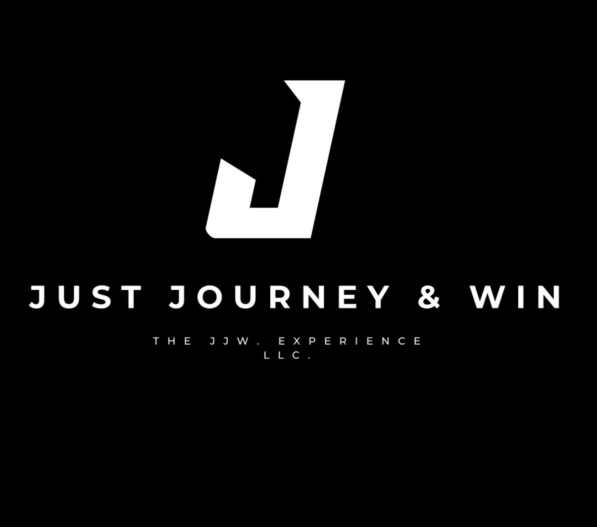 Black background with a large white letter J and text: JUST JOURNEY & WIN, THE J3W EXPERIENCE LLC.
