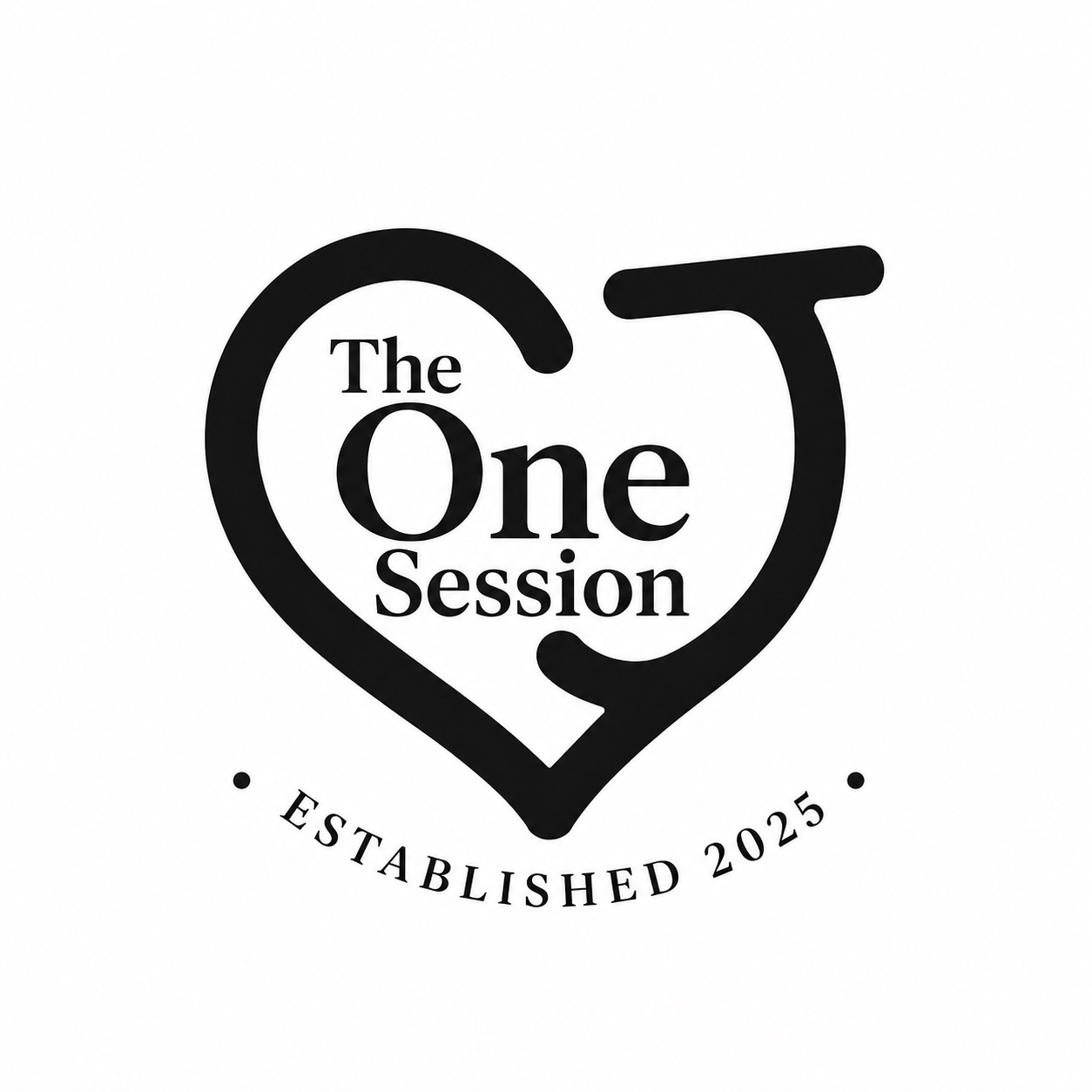 Logo with a stylized heart shape and text reading 'The One Session' and 'Established 2025'.