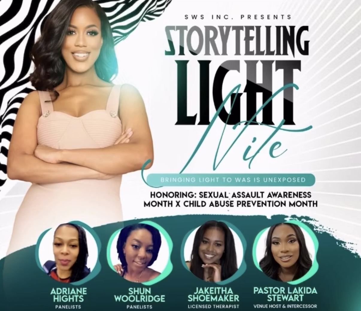Woman smiling with crossed arms, event poster for storytelling light life, includes four panelists' photos, and text about awareness months.