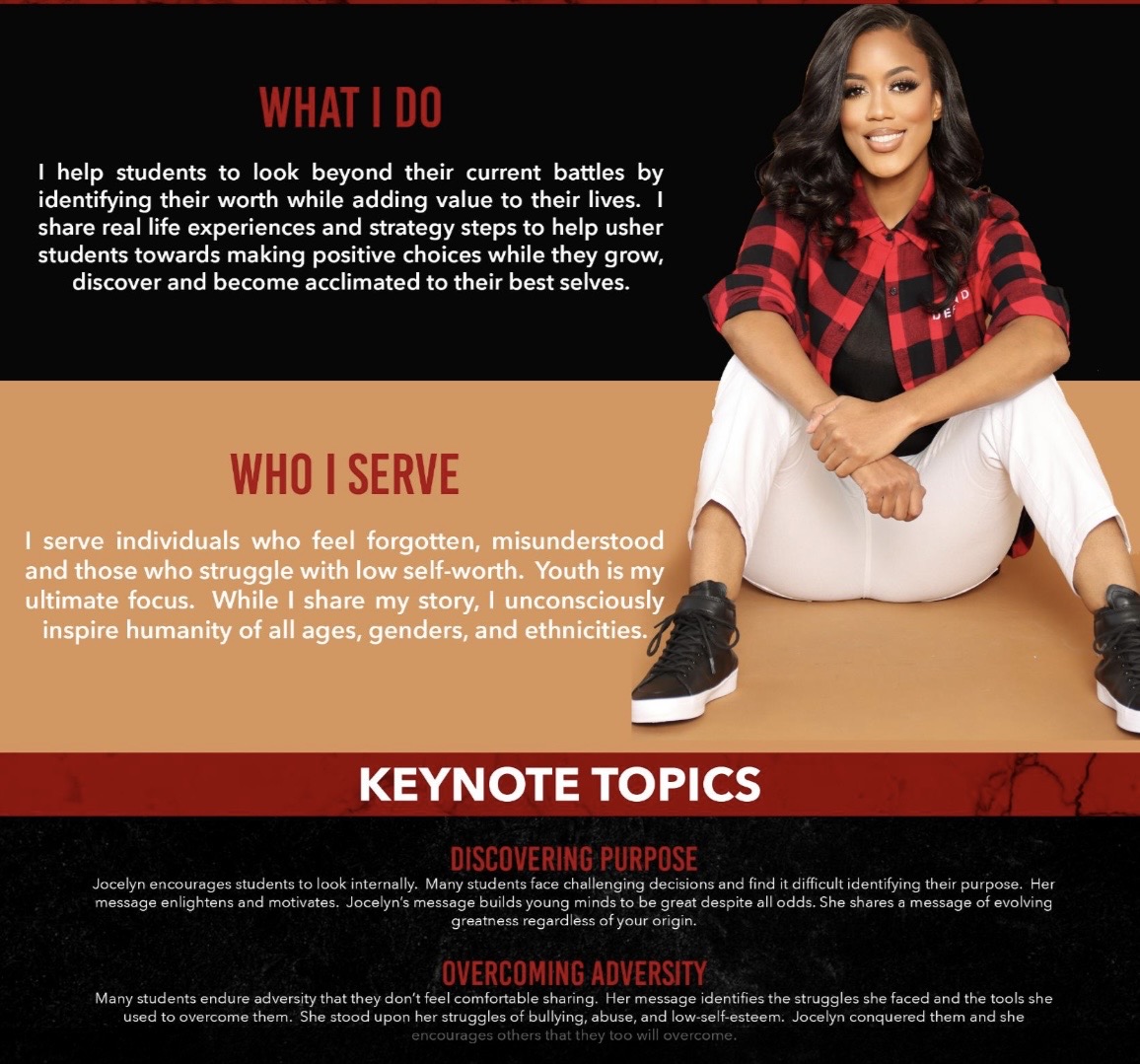 Young woman sitting on the floor smiling, wearing a red and black checkered shirt and white pants, with text sections behind her.