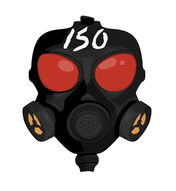 Illustration of a black gas mask with red eye lenses and the number 150 written on top.