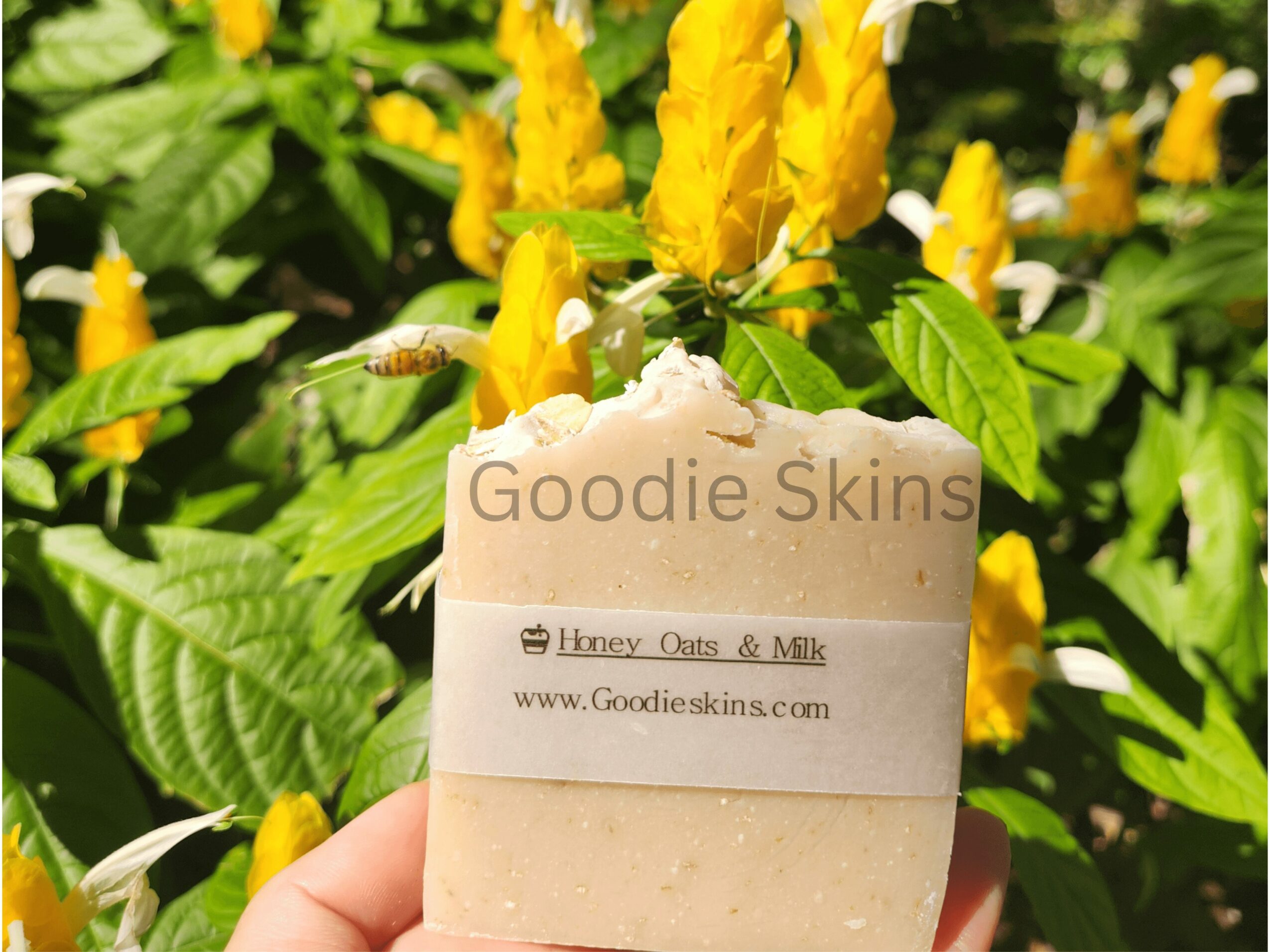 Hand holding a soap bar with yellow flowers and green leaves in background, label reads 'Goodie Skins'.