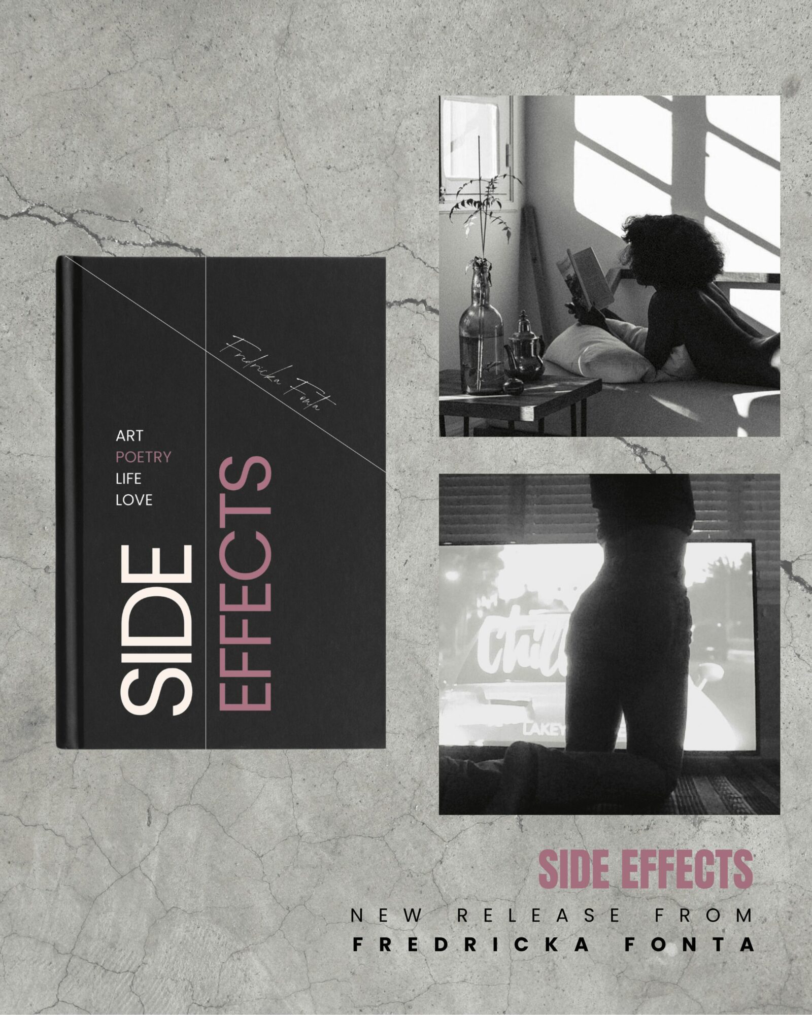Book cover titled 'Side Effects' with black and pink design, featuring a woman sitting at a desk and a silhouette of a person by a window.
