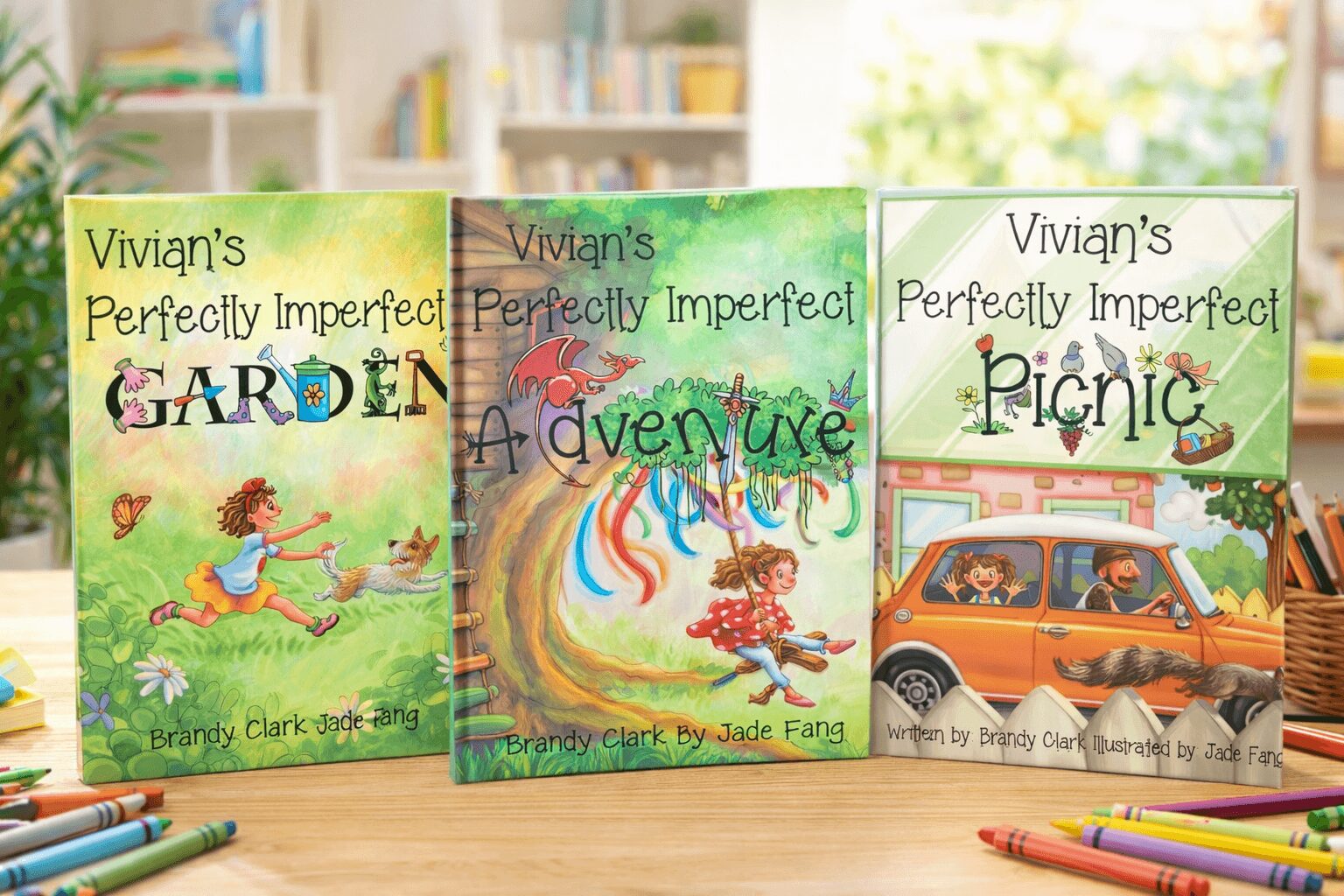 Three children's books with colorful covers about outdoor activities, displayed on a table with pens, in a bright room.