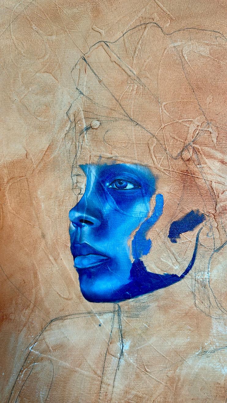 A blue-toned portrait of a person's face on a textured beige background with abstract lines.
