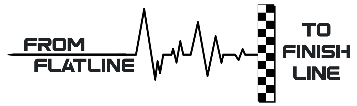 Graphic with a heartbeat line, starting from 'FROM FLATLINE' to 'TO FINISH LINE' with checkered flag, 20 words.