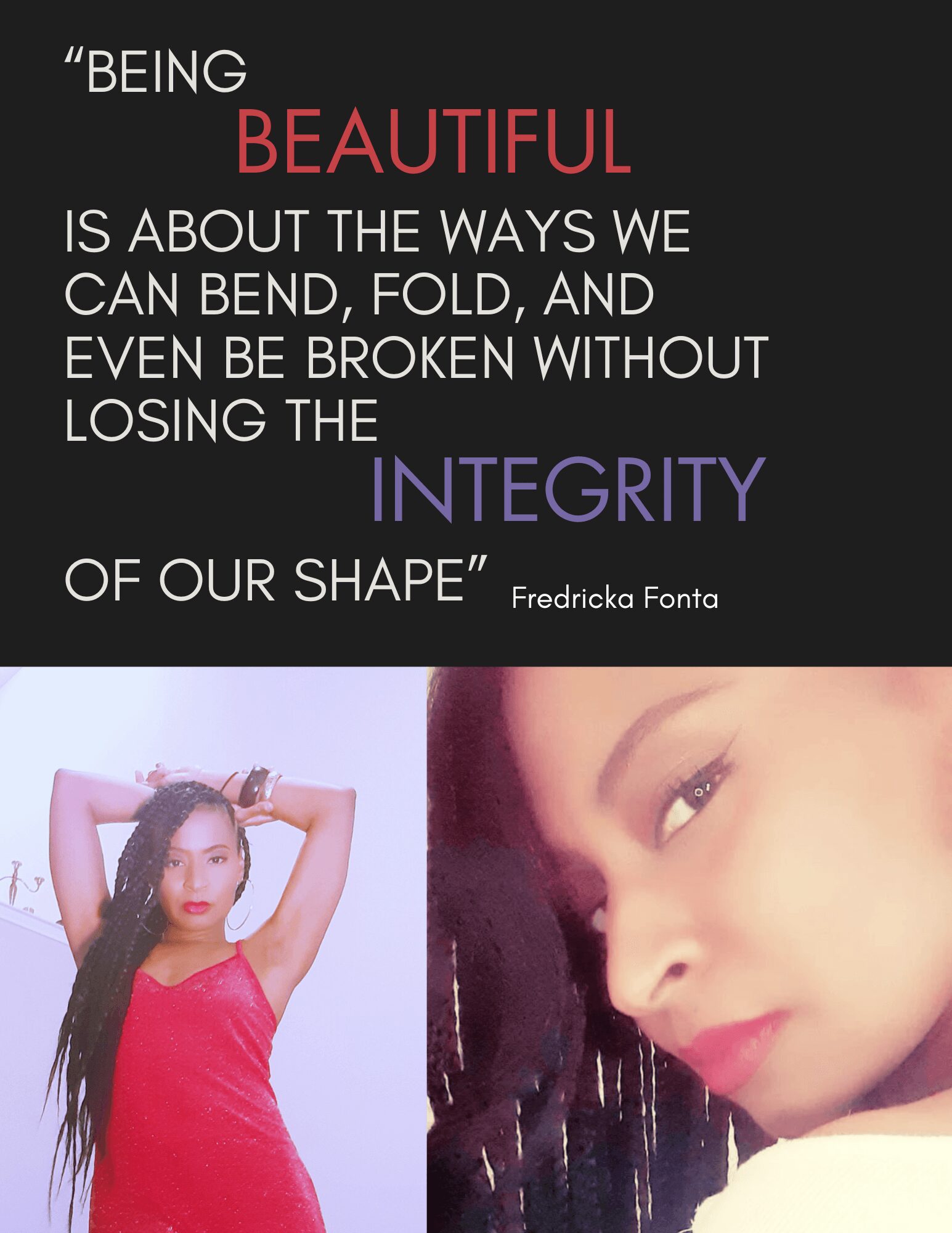 Quote about beauty and integrity with a woman in a red dress and a close-up of her face.