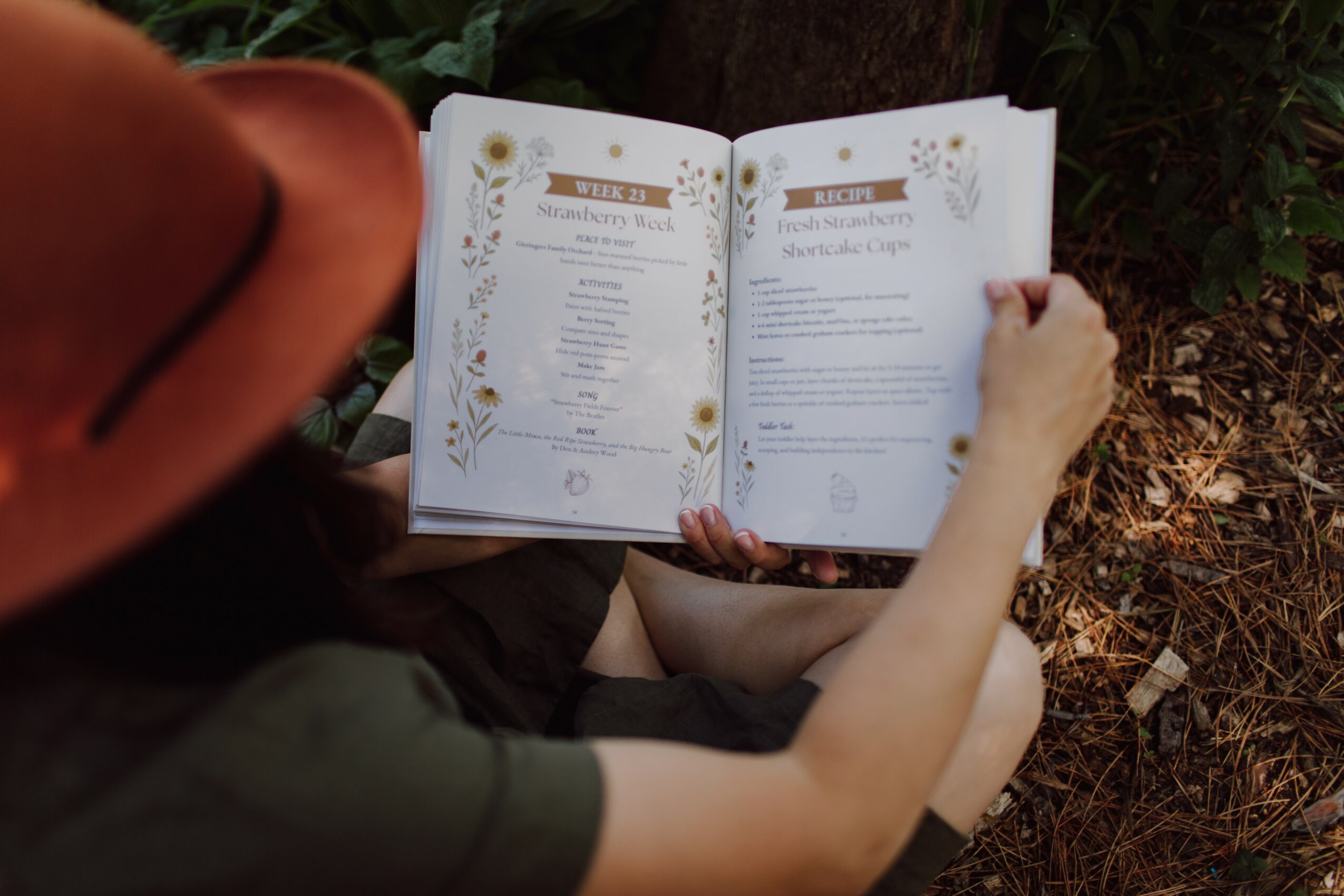 Person reading an open book outdoors on ground with leaves and plants, wearing a hat and dark clothing.