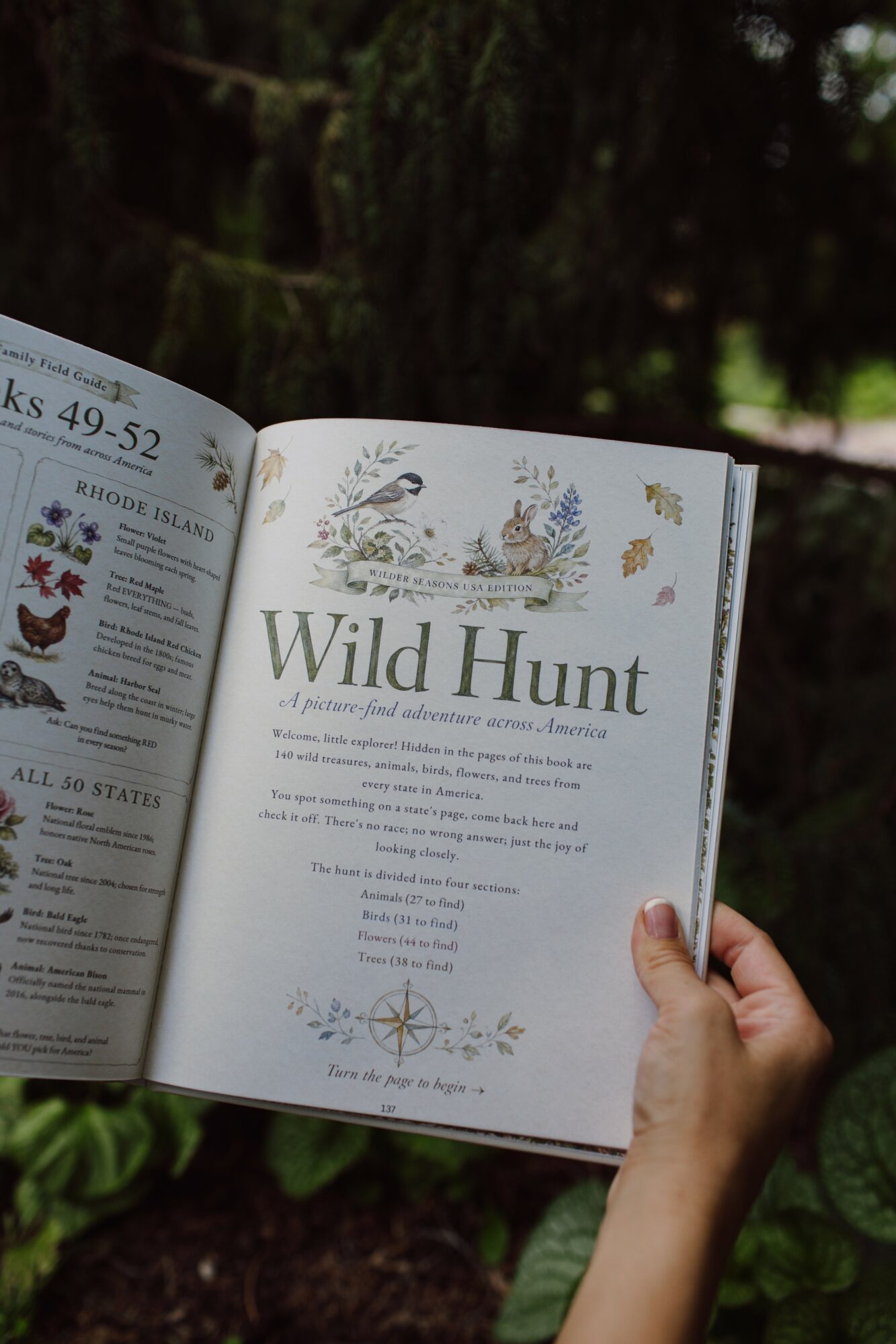 Person holding open book titled 'Wild Hunt' with illustrations and text, outdoors with greenery in background.