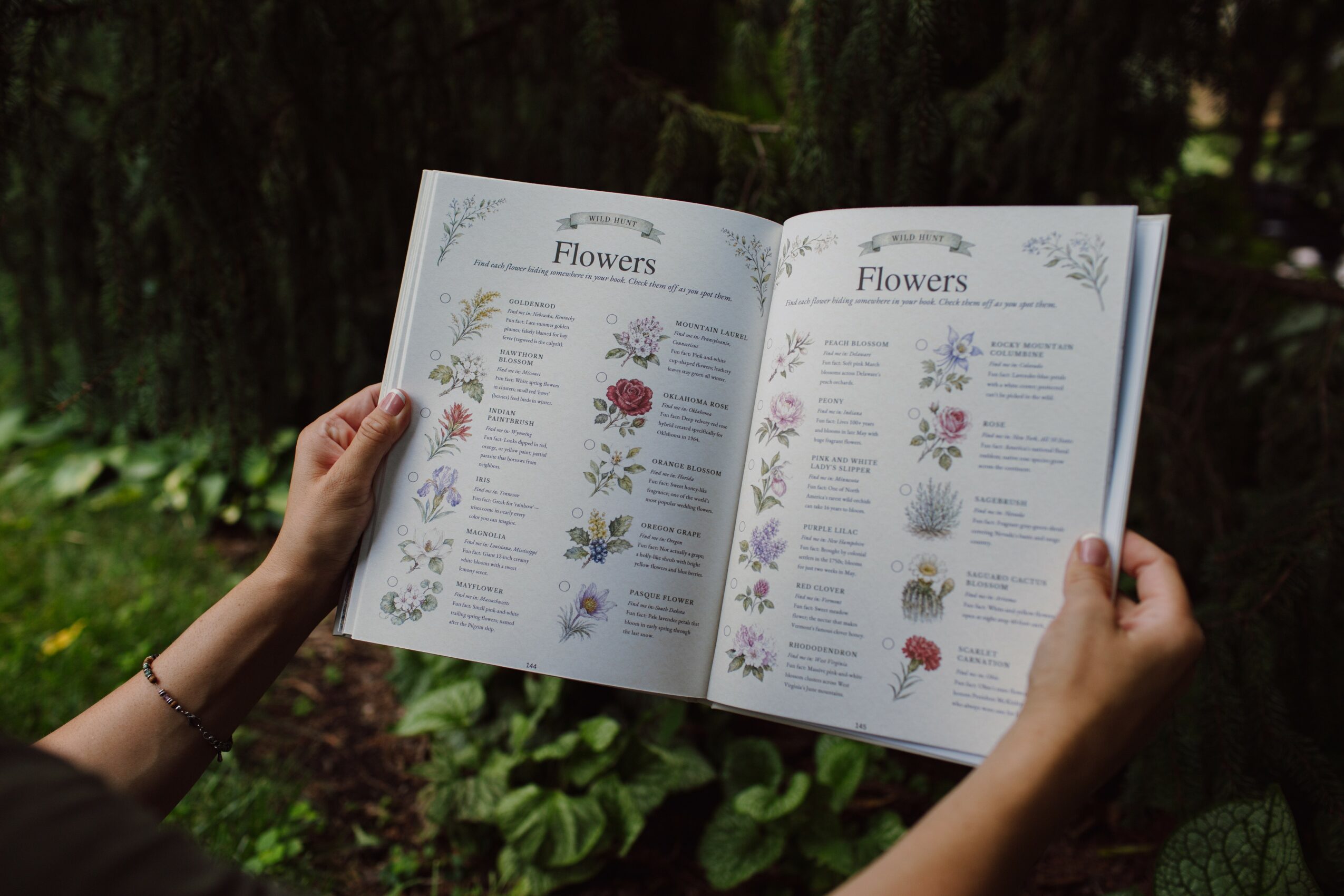 Person holding open book displaying flower illustrations and descriptions outdoors with greenery background.