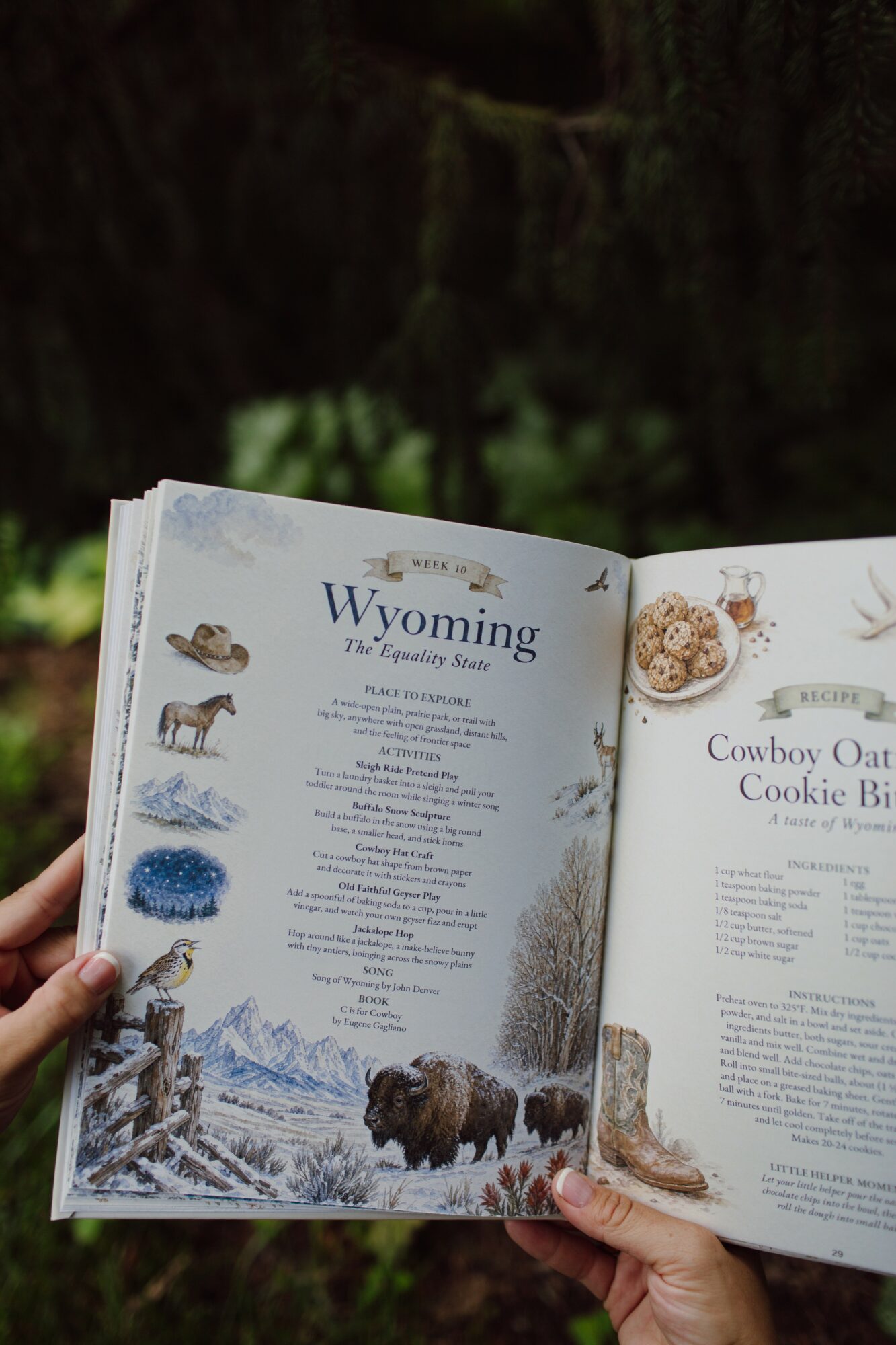 Person holding open Wyoming travel guide outdoors with trees in background, showing pages with images of wildlife and food.