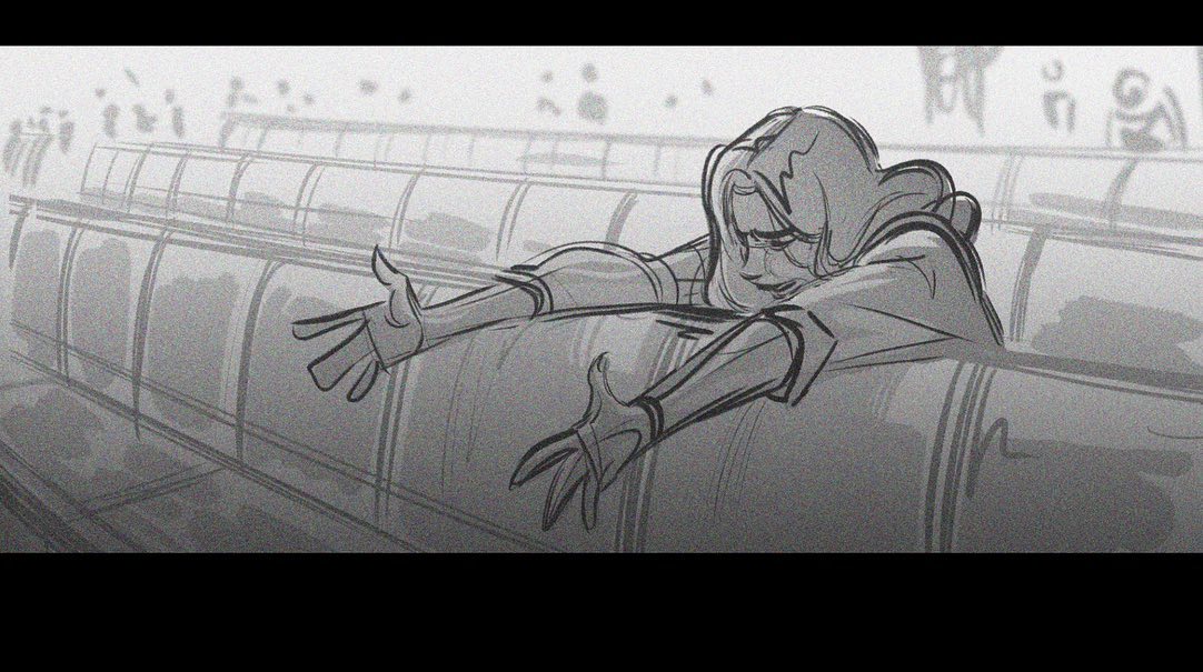 Person with glasses reaching out with both arms, sitting on a bench or seat, in a grayscale sketch style.