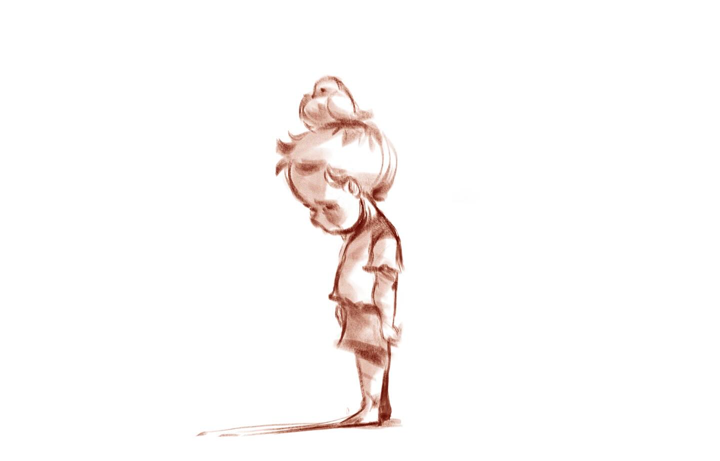 A sketch of a young girl with a large bow on her head, looking down with a sad expression.