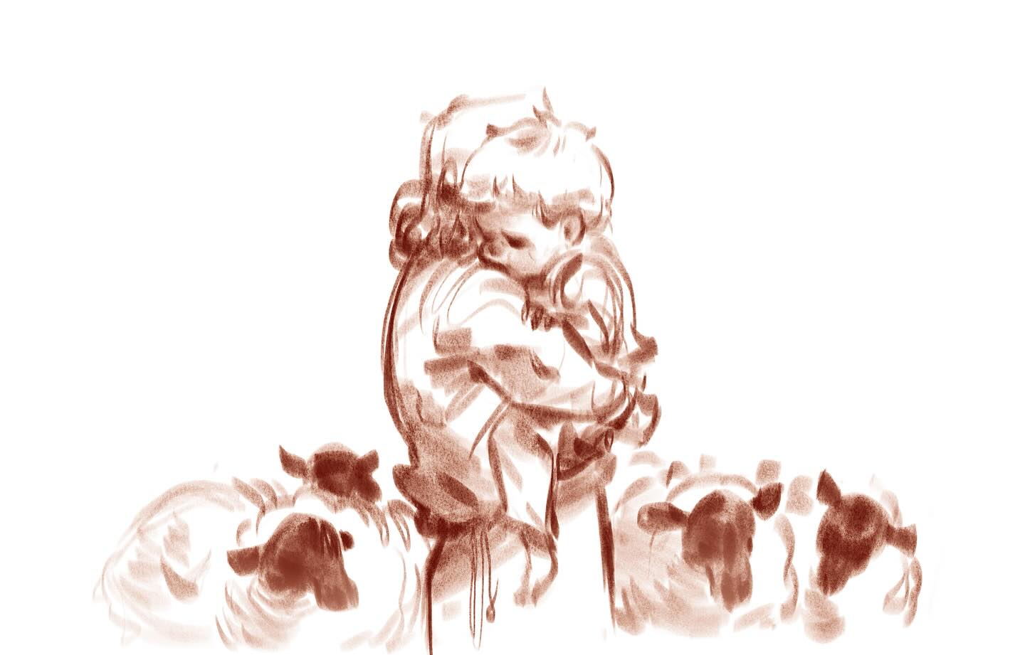 Child hugging a dog surrounded by puppies, sketch in sepia tone, with a white background.