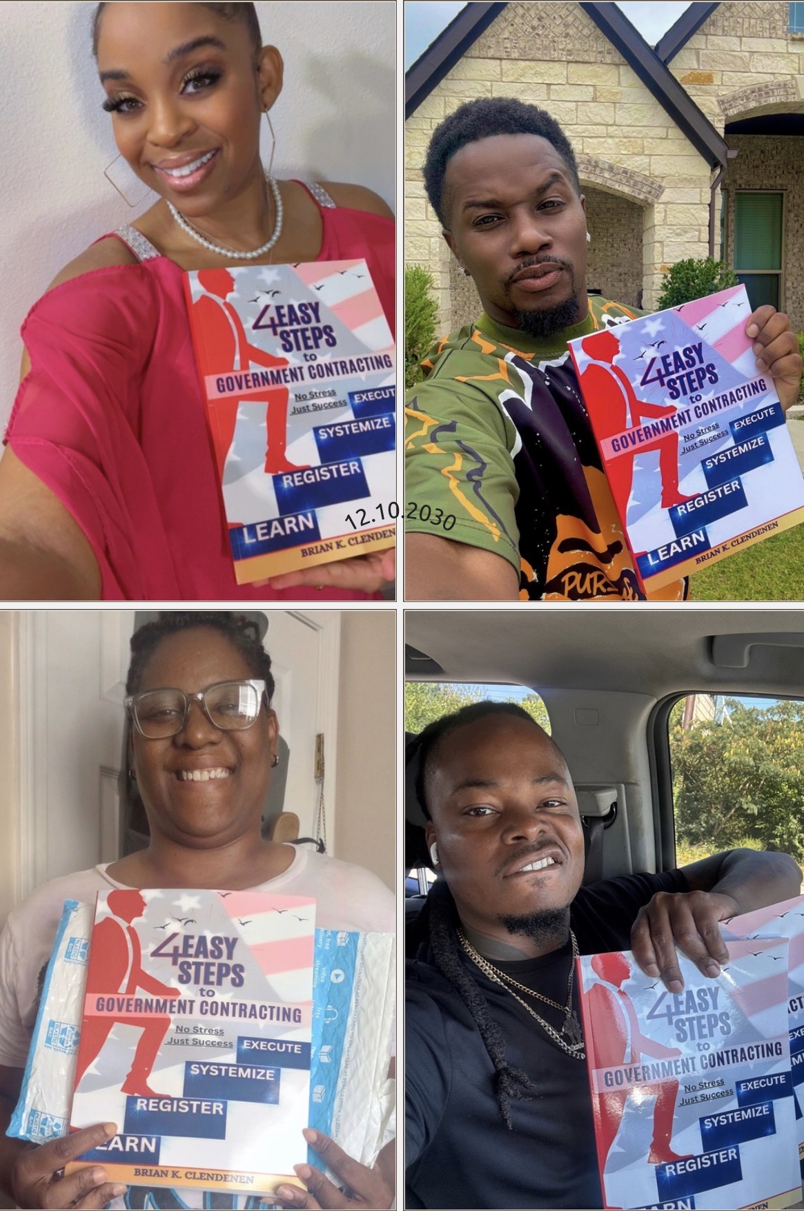 Four people holding signs with text, smiling, in different settings, including indoors and in a vehicle.
