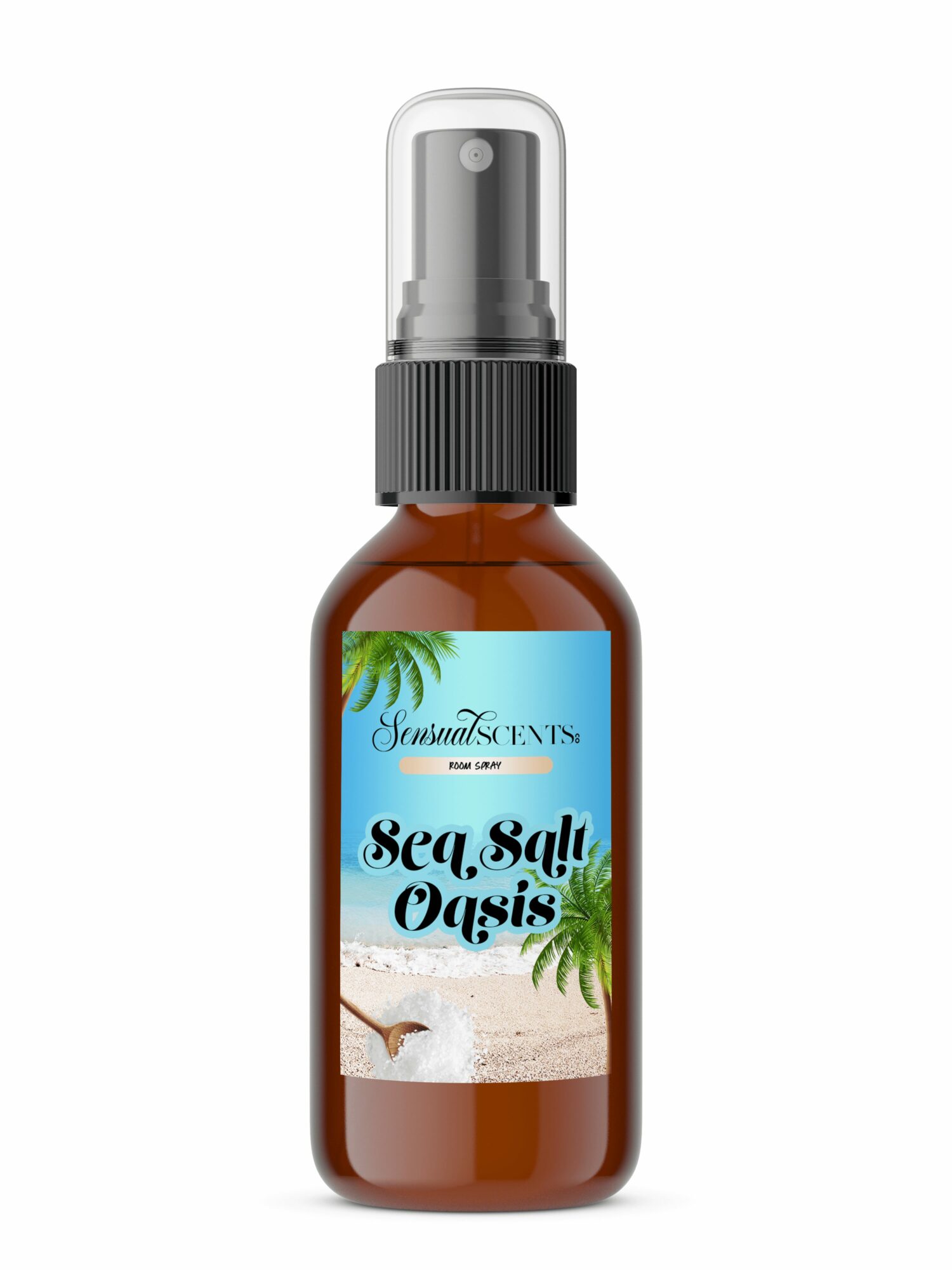 Small spray bottle labeled 'Sea Salt Oasis' with a blue label, brown bottle, and spray nozzle, against a white background.