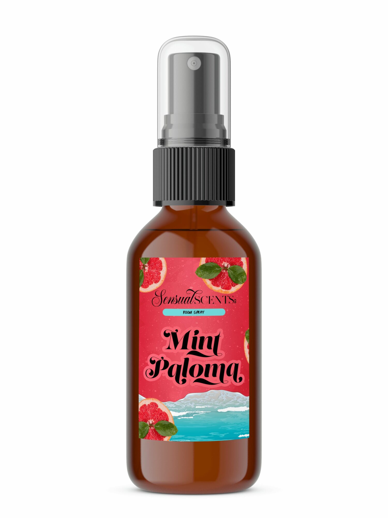 Brown spray bottle with pink label featuring strawberries and water, labeled 'Mim Paloma' and 'Cherry & Lime'.