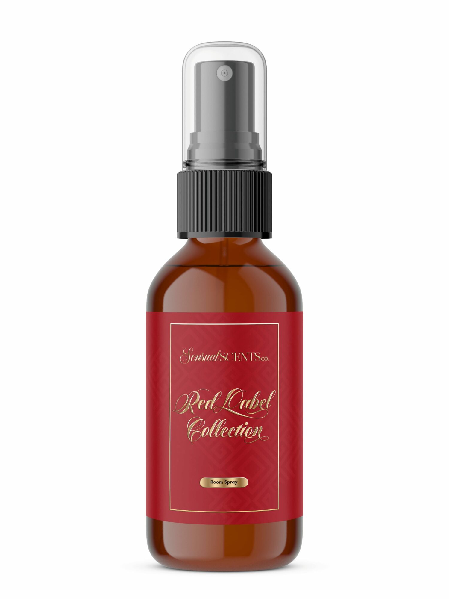 Brown spray bottle with a black spray nozzle and a red label reading 'Real Label Collection'.