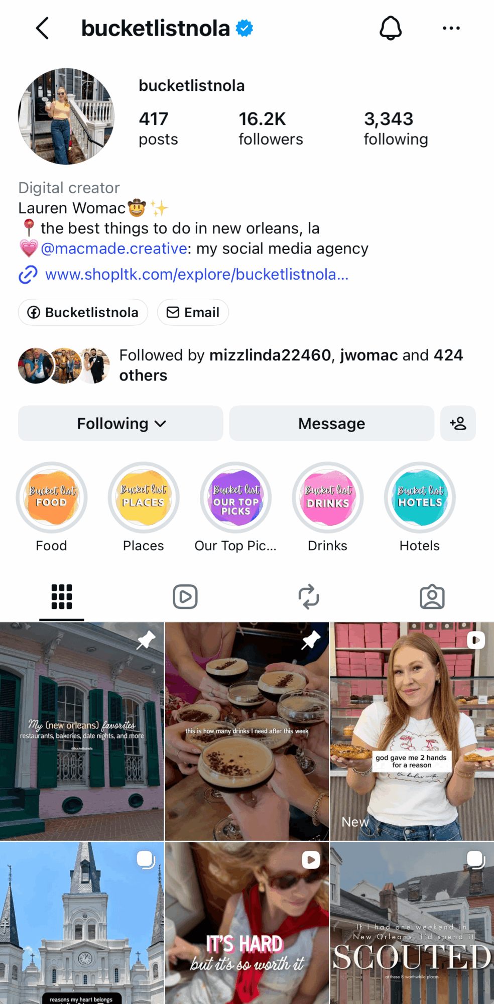 Instagram profile page of bucketlistnola with profile picture, follower count, and various story highlights, followed by images of food, a girl, and a castle.