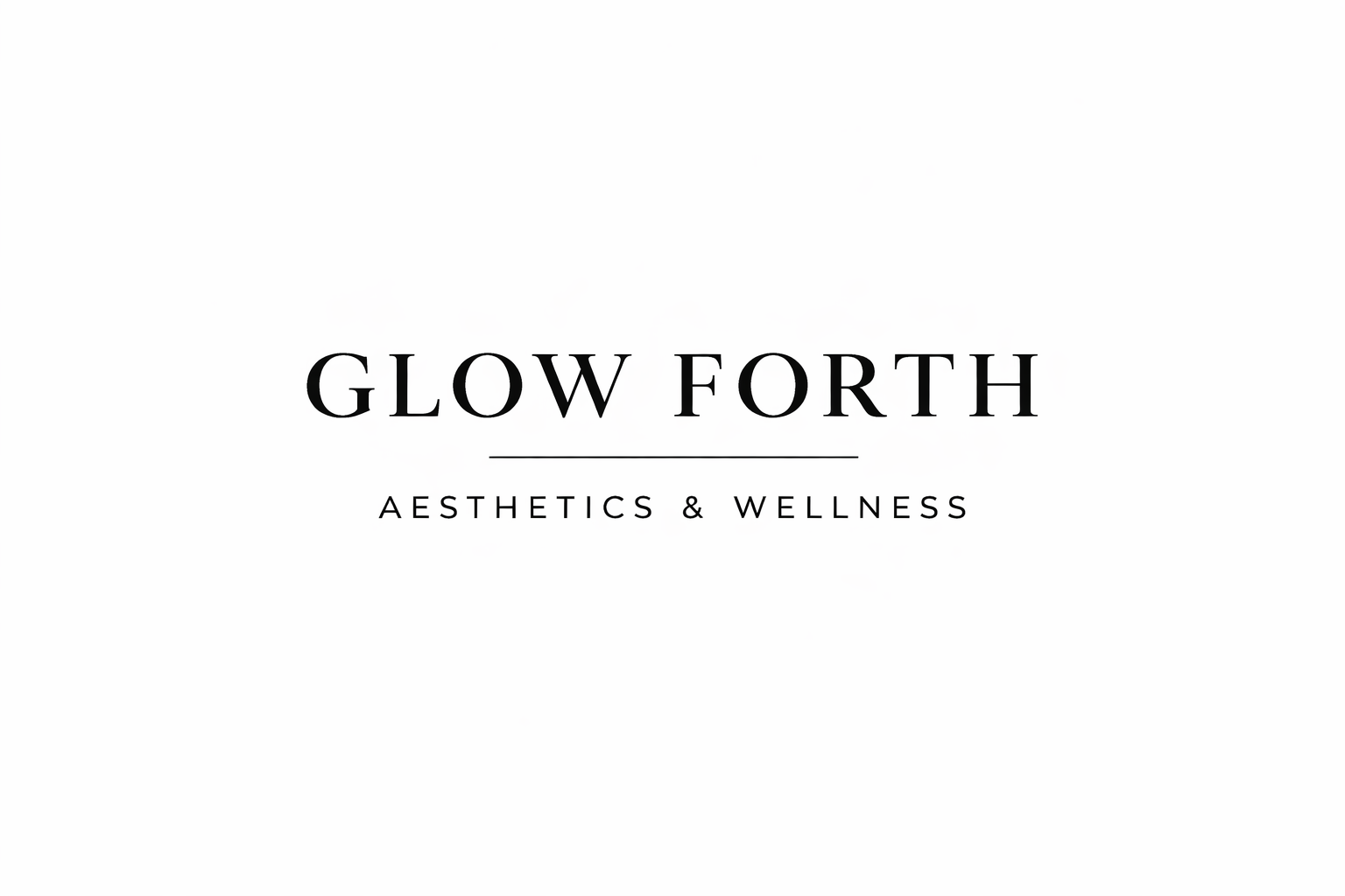 Text reading 'GLOW FORTH' with smaller text 'AESTHETICS & WELLNESS' below, on a white background.