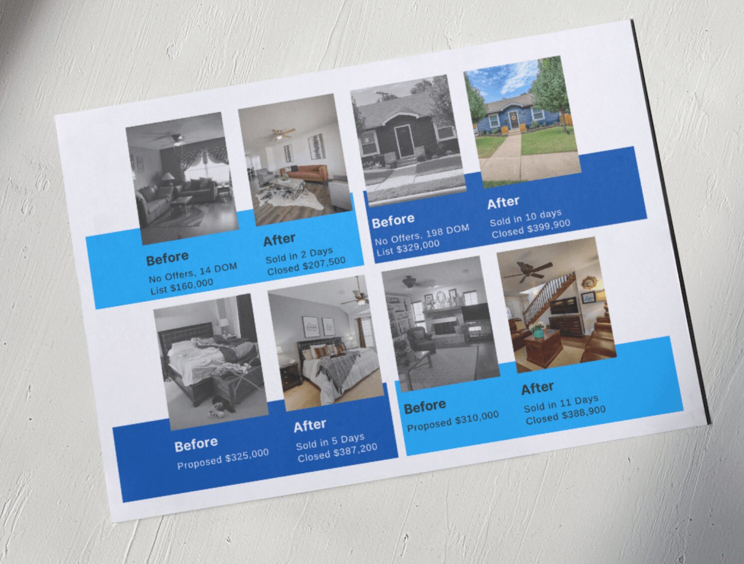 A flyer with before and after images of home renovations, including rooms and outdoor areas, with blue labels.