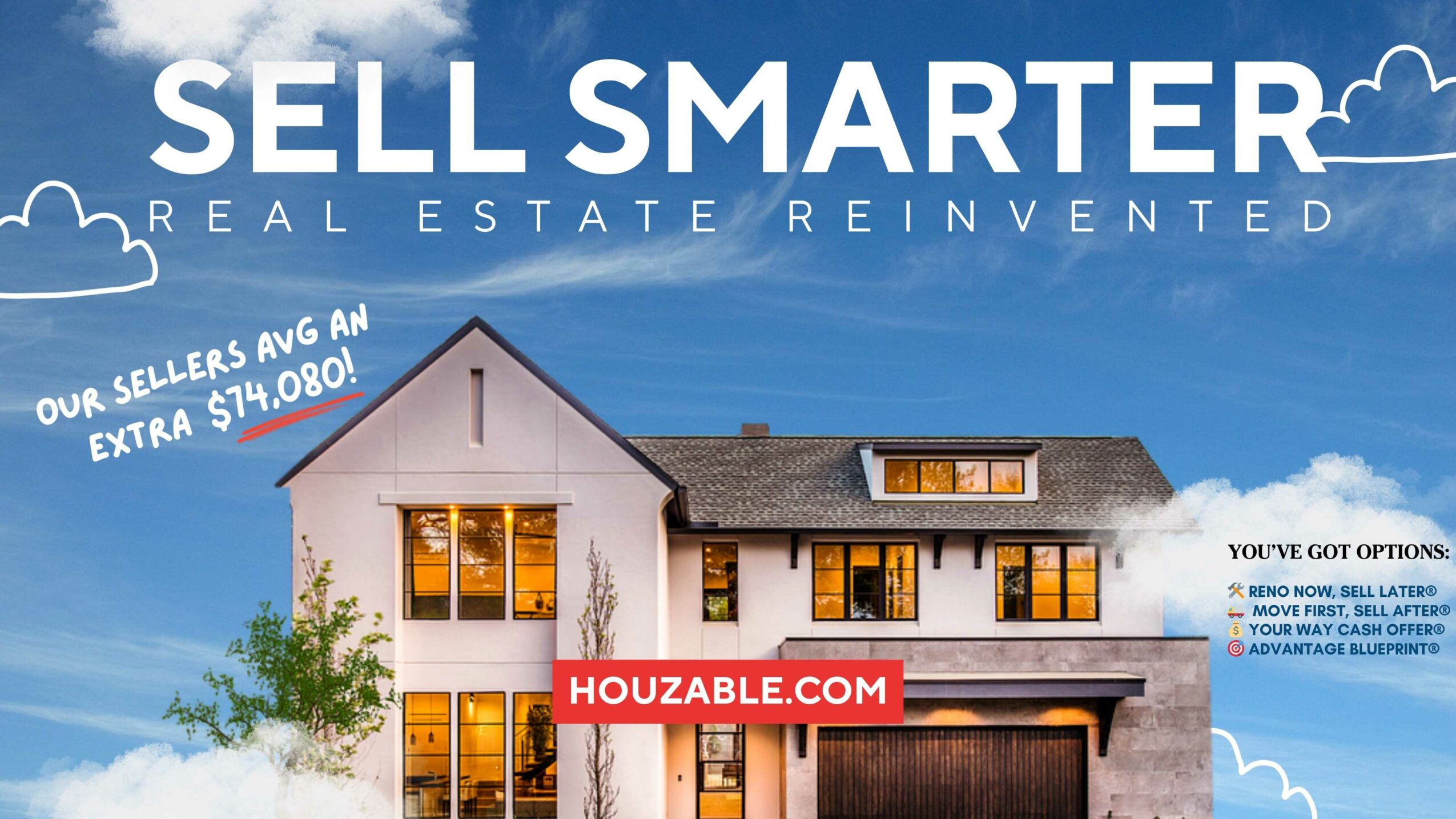 A two-story house with a garage, trees, and a blue sky with clouds, promoting real estate selling strategies.