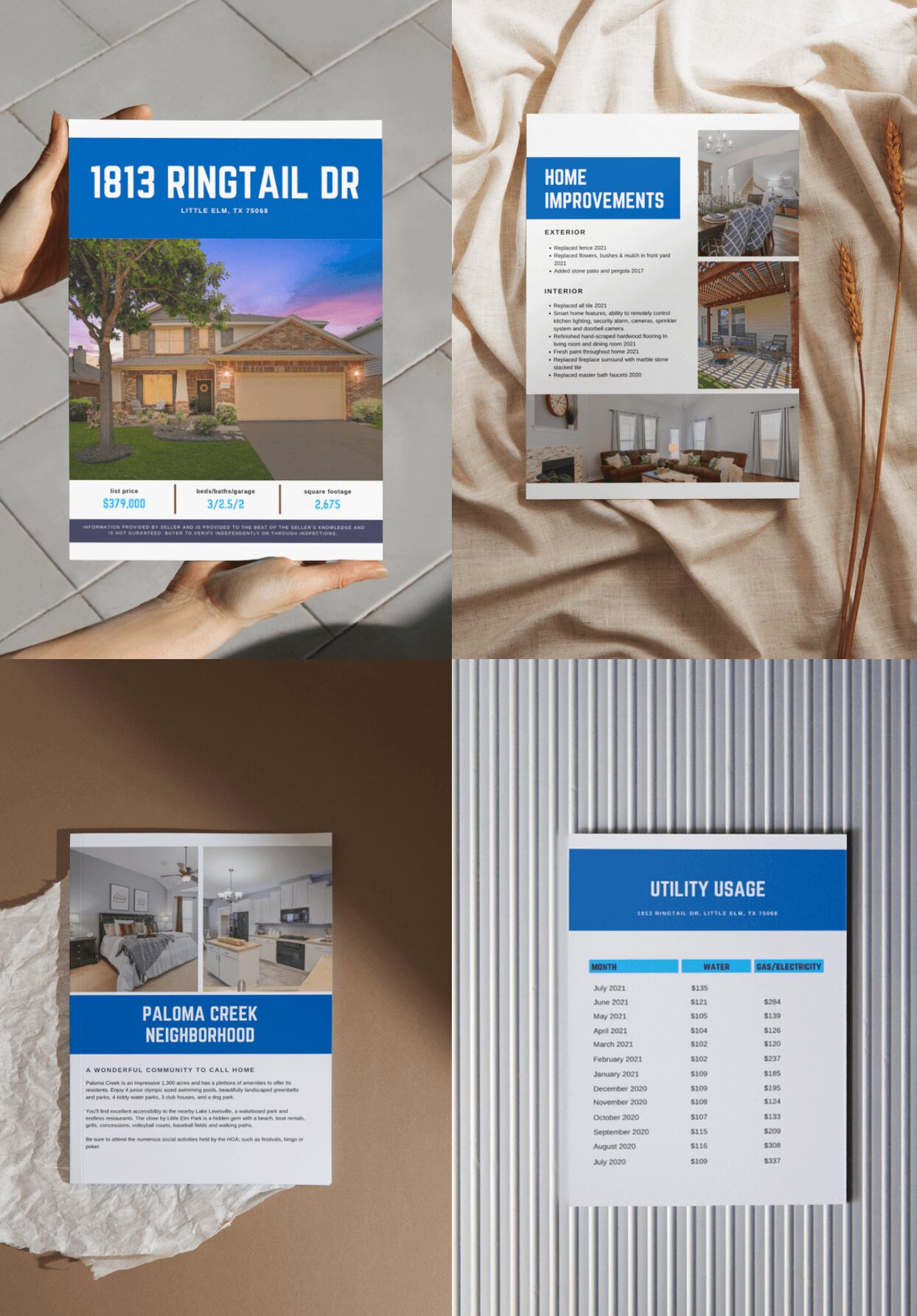 Four property flyers and a utility usage chart arranged on different backgrounds, including fabric and striped paper.