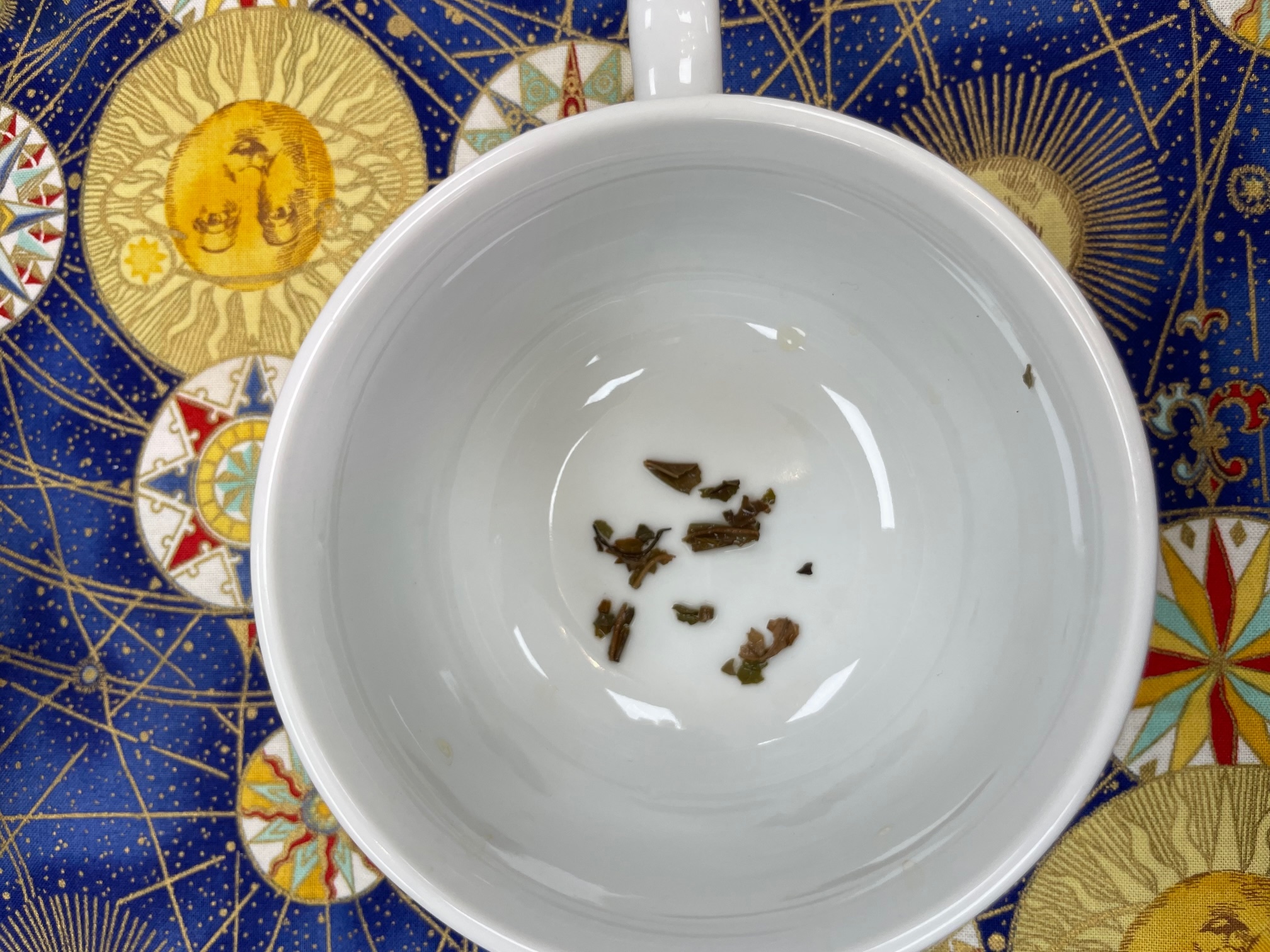 Top view of a white bowl with small dark objects inside, placed on a colorful patterned surface.